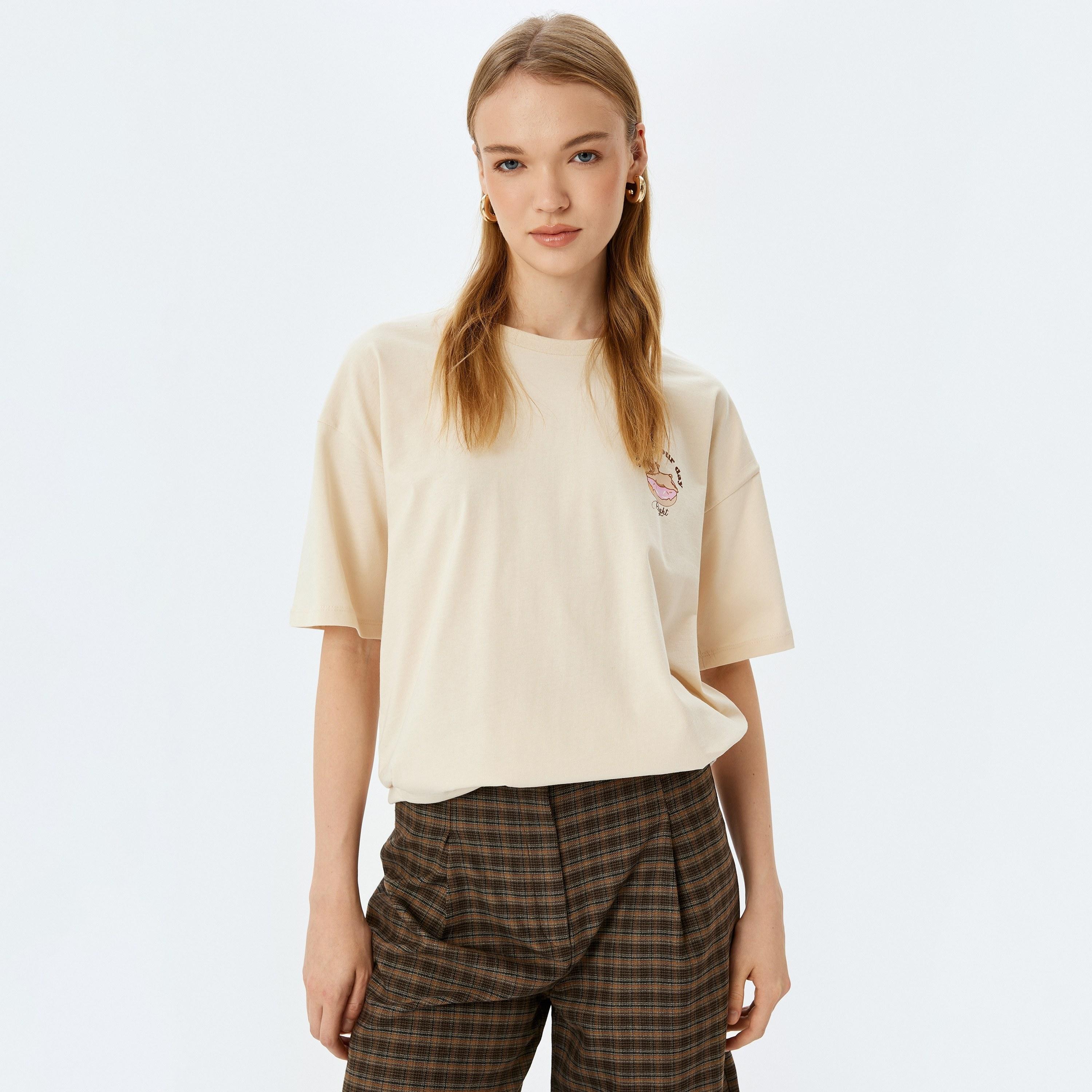 Koton Beige Plain Crew Neck Dropped Sleeves Women's T-Shirt-women-clothing-tshirts-image-1