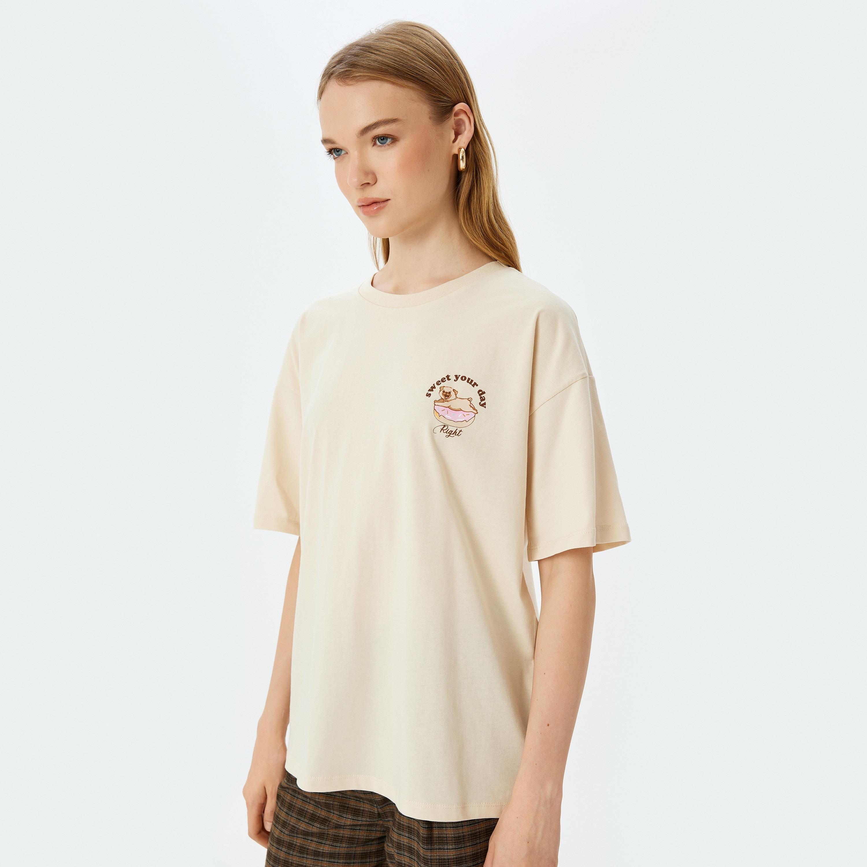 Koton Beige Plain Crew Neck Dropped Sleeves Women's T-Shirt-women-clothing-tshirts-image-2