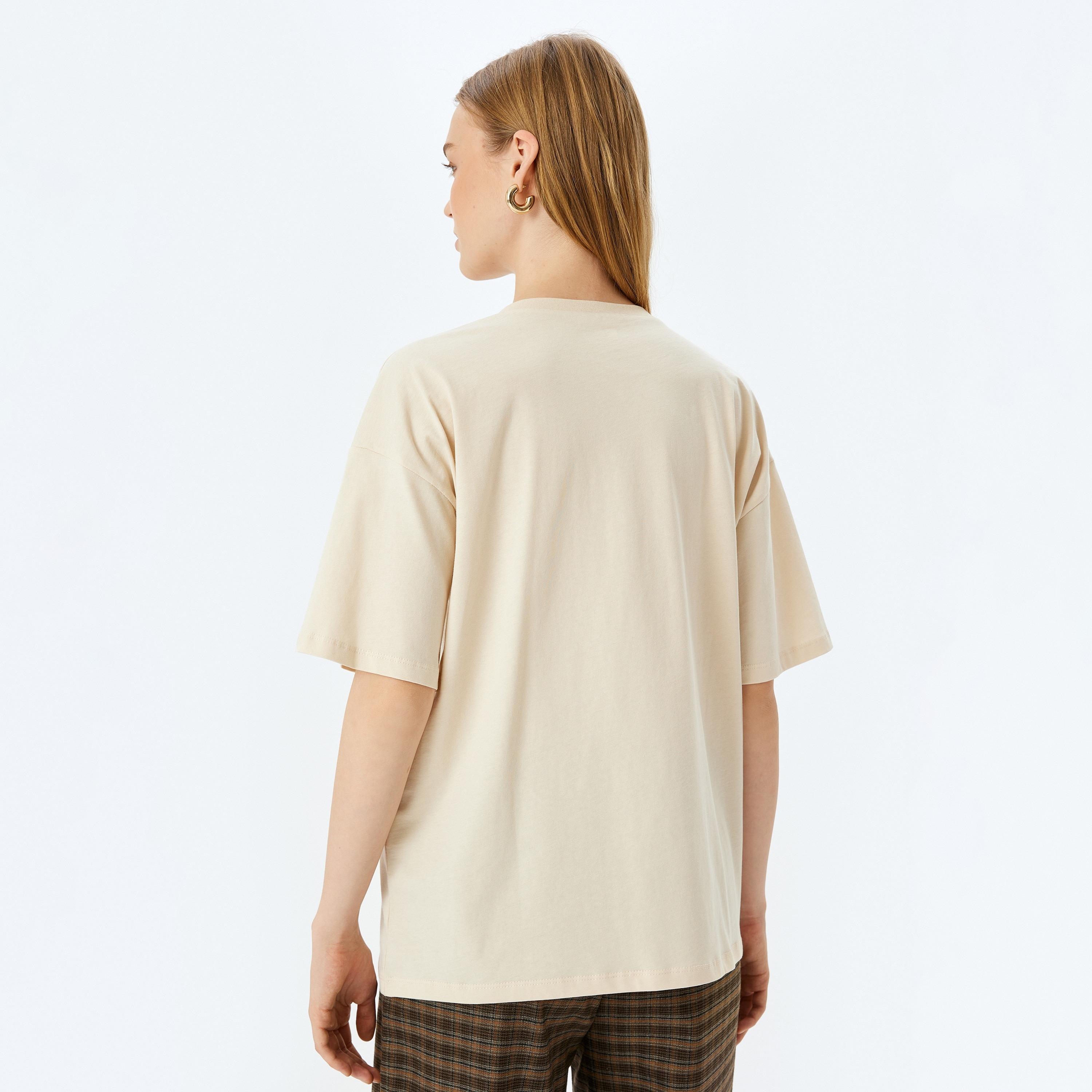 Koton Beige Plain Crew Neck Dropped Sleeves Women's T-Shirt-women-clothing-tshirts-image-3