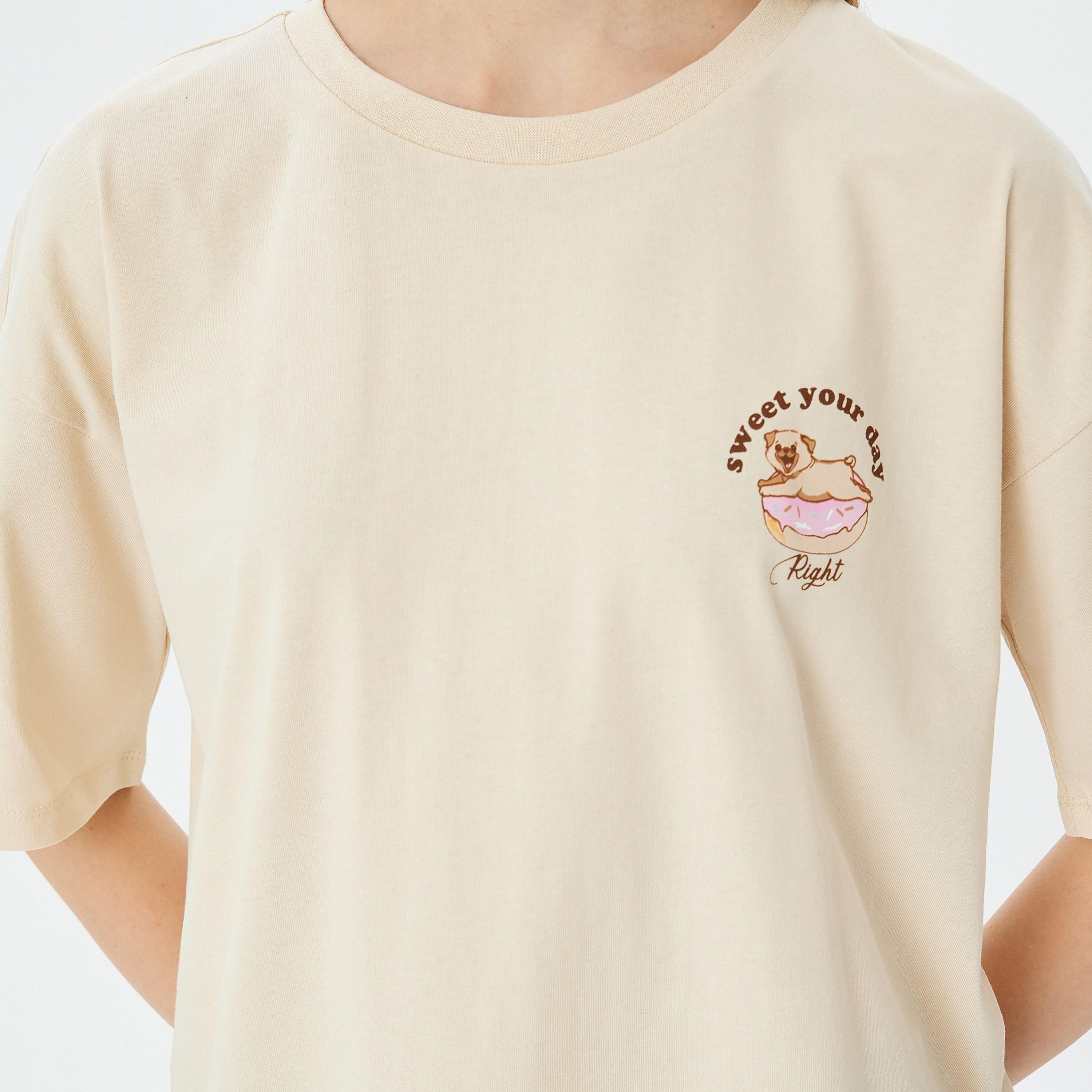 Koton Beige Plain Crew Neck Dropped Sleeves Women's T-Shirt-women-clothing-tshirts-image-4