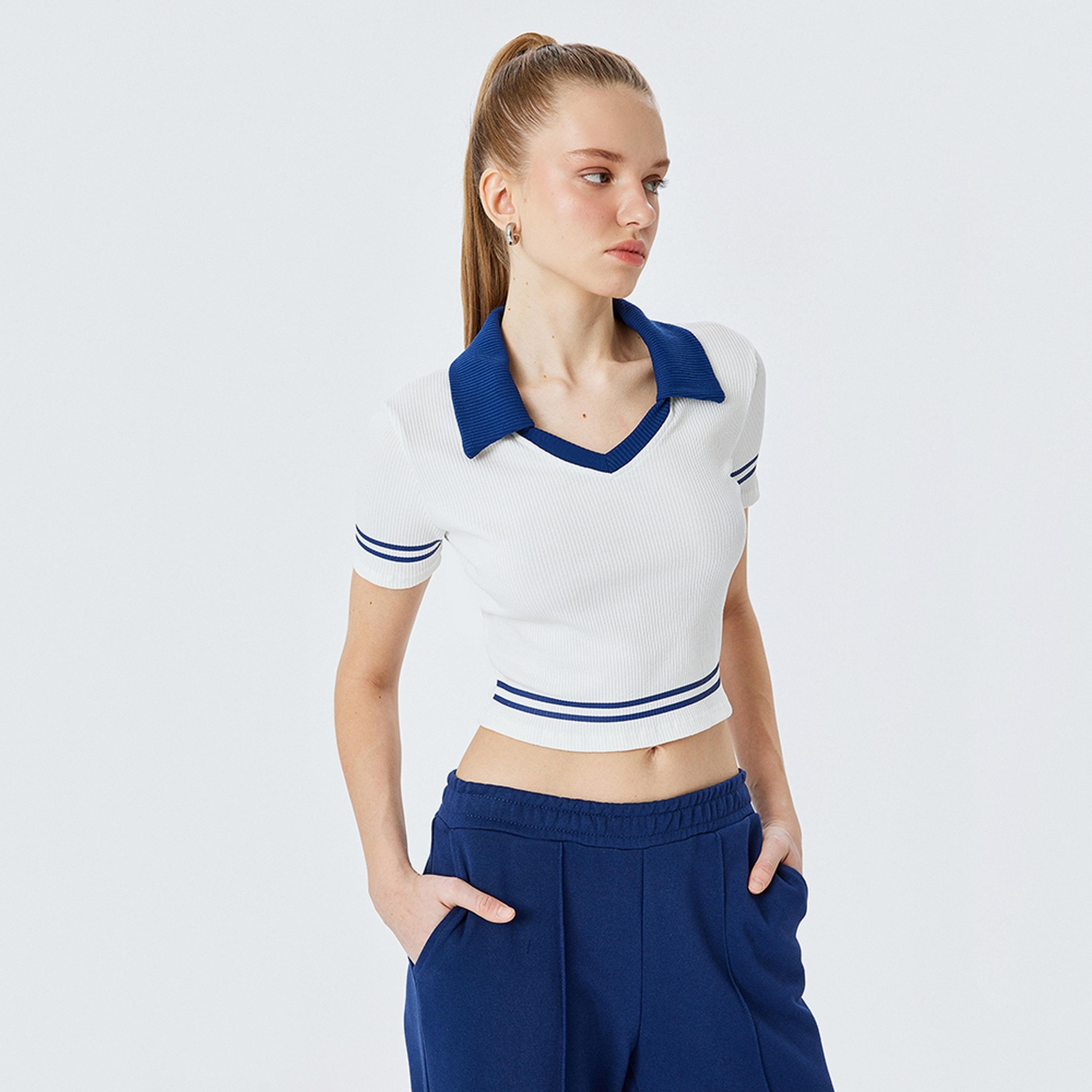 KOTON White Ribbed Collared Short Sleeves Women's T-Shirt-women-clothing-tshirts-image-1
