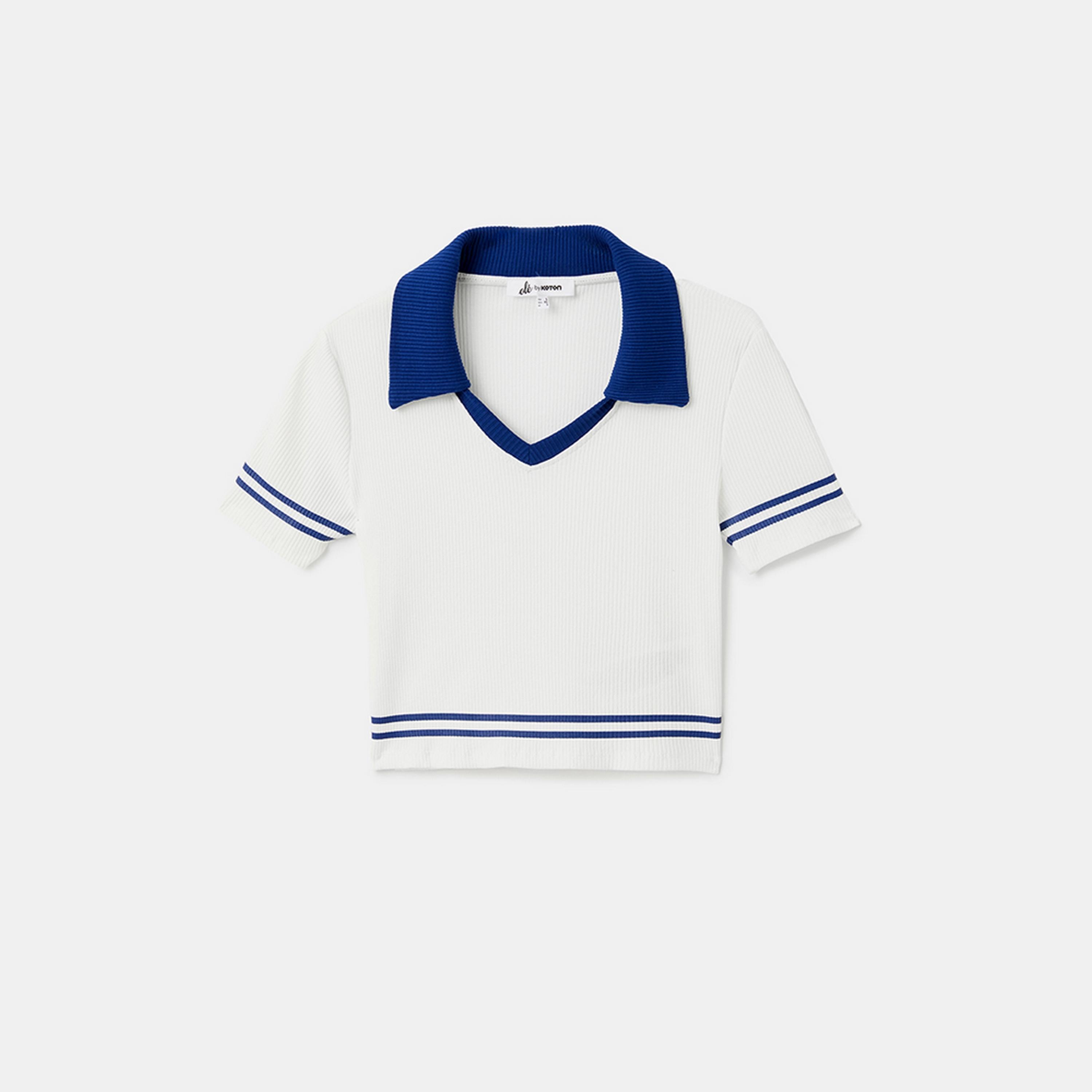 KOTON White Ribbed Collared Short Sleeves Women's T-Shirt-women-clothing-tshirts-image-4