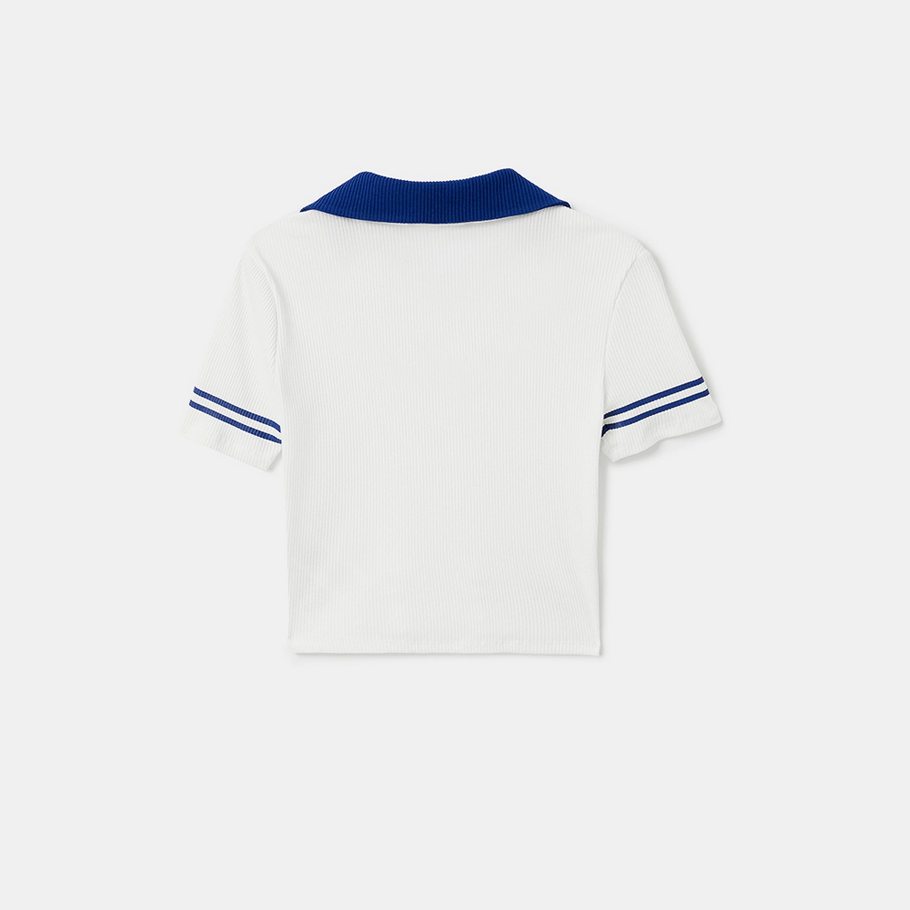 KOTON White Ribbed Collared Short Sleeves Women's T-Shirt-women-clothing-tshirts-image-5