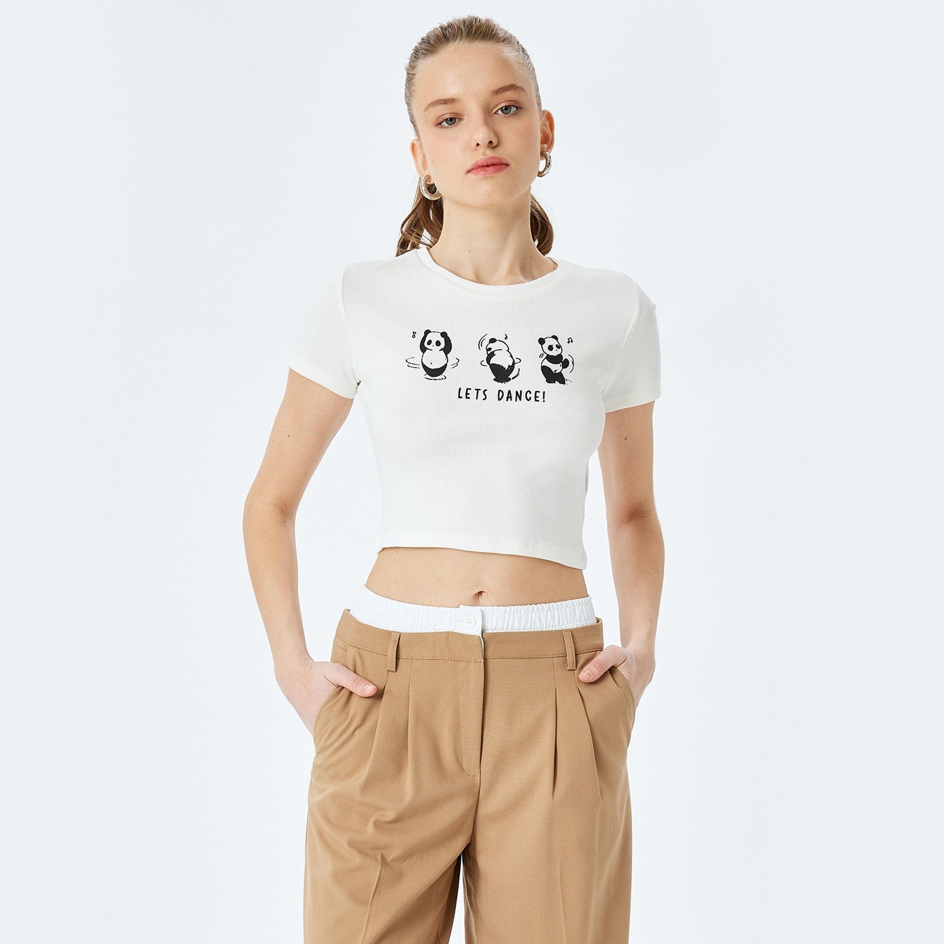 Koton White Printed Round Neck Short Sleeves Women's T-Shirt-women-clothing-tshirts-image-1