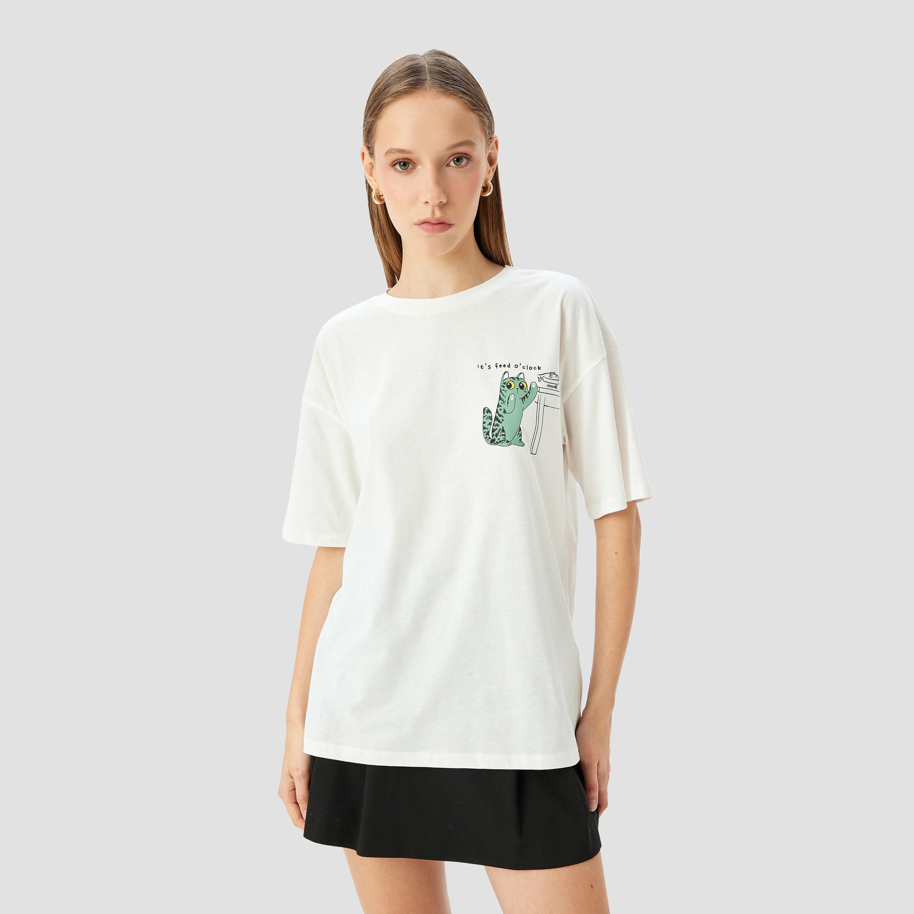 Koton White Graphic Cat Print Crew Neck Dropped Sleeves Women's T-Shirt-women-clothing-tshirts-image-1