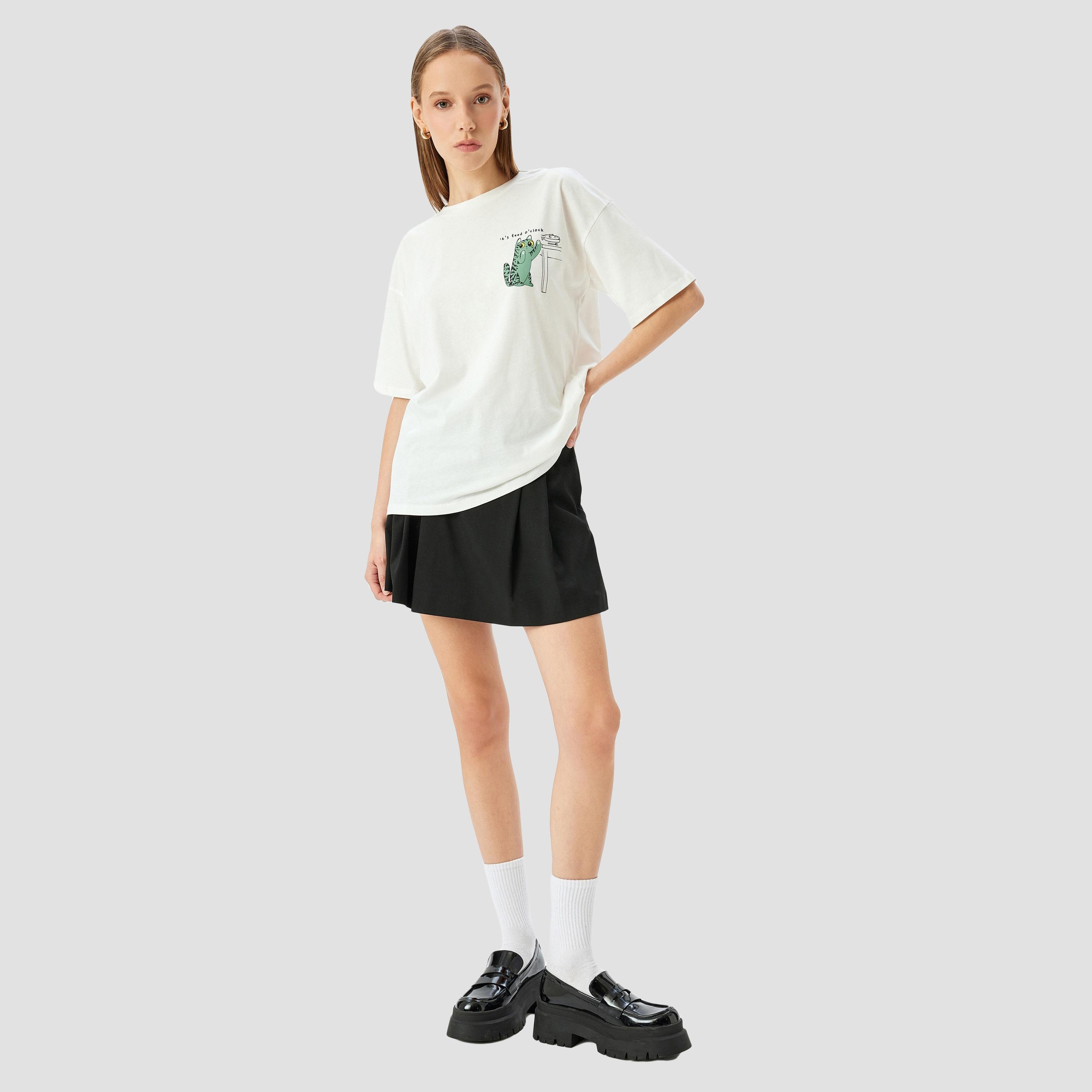 Koton White Graphic Cat Print Crew Neck Dropped Sleeves Women's T-Shirt-women-clothing-tshirts-image-2