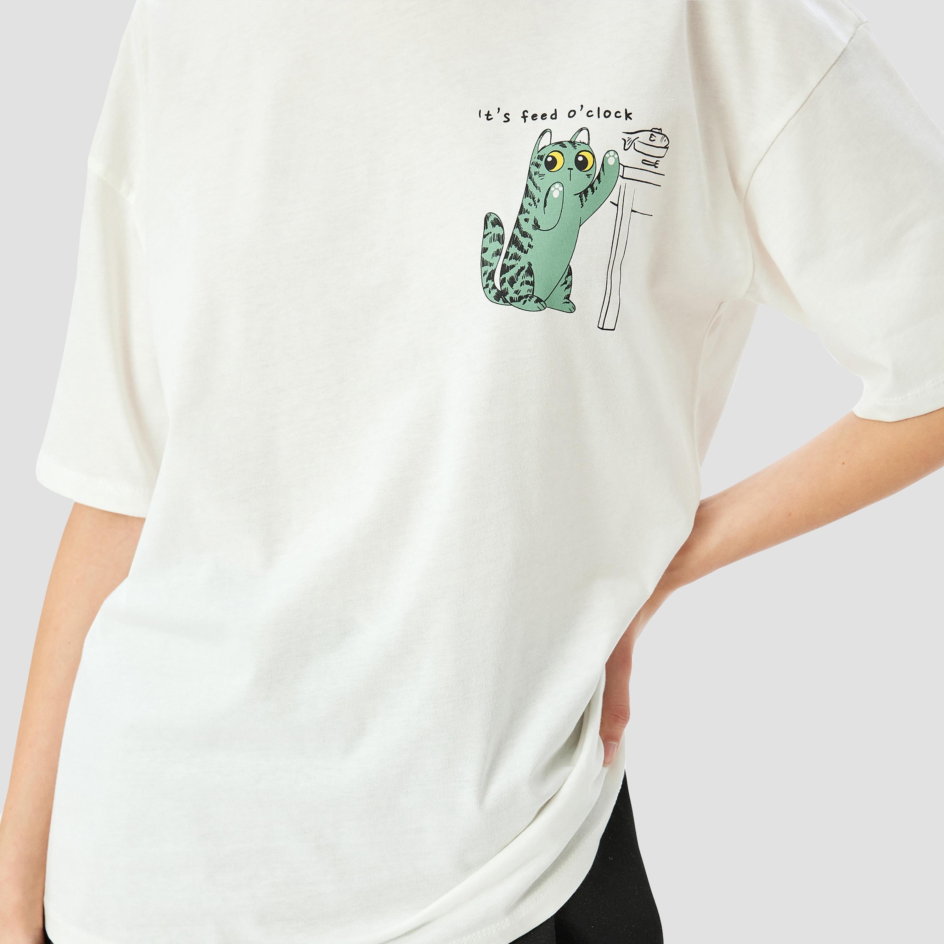Koton White Graphic Cat Print Crew Neck Dropped Sleeves Women's T-Shirt-women-clothing-tshirts-image-4