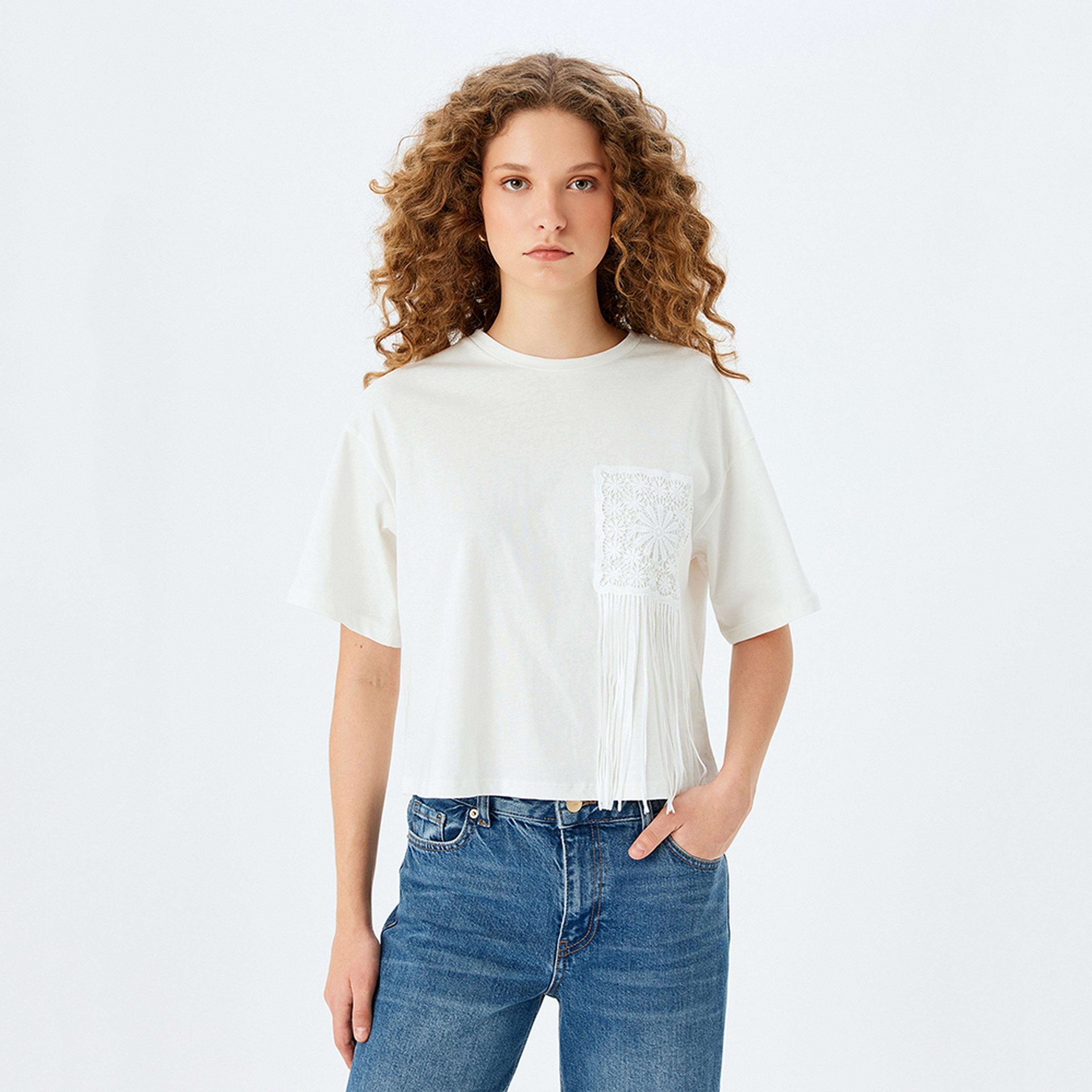 KOTON White Lace With Fringes Crew Neck Short Sleeves Women's Top-women-clothing-shirtsandblouses-blouses-image-1