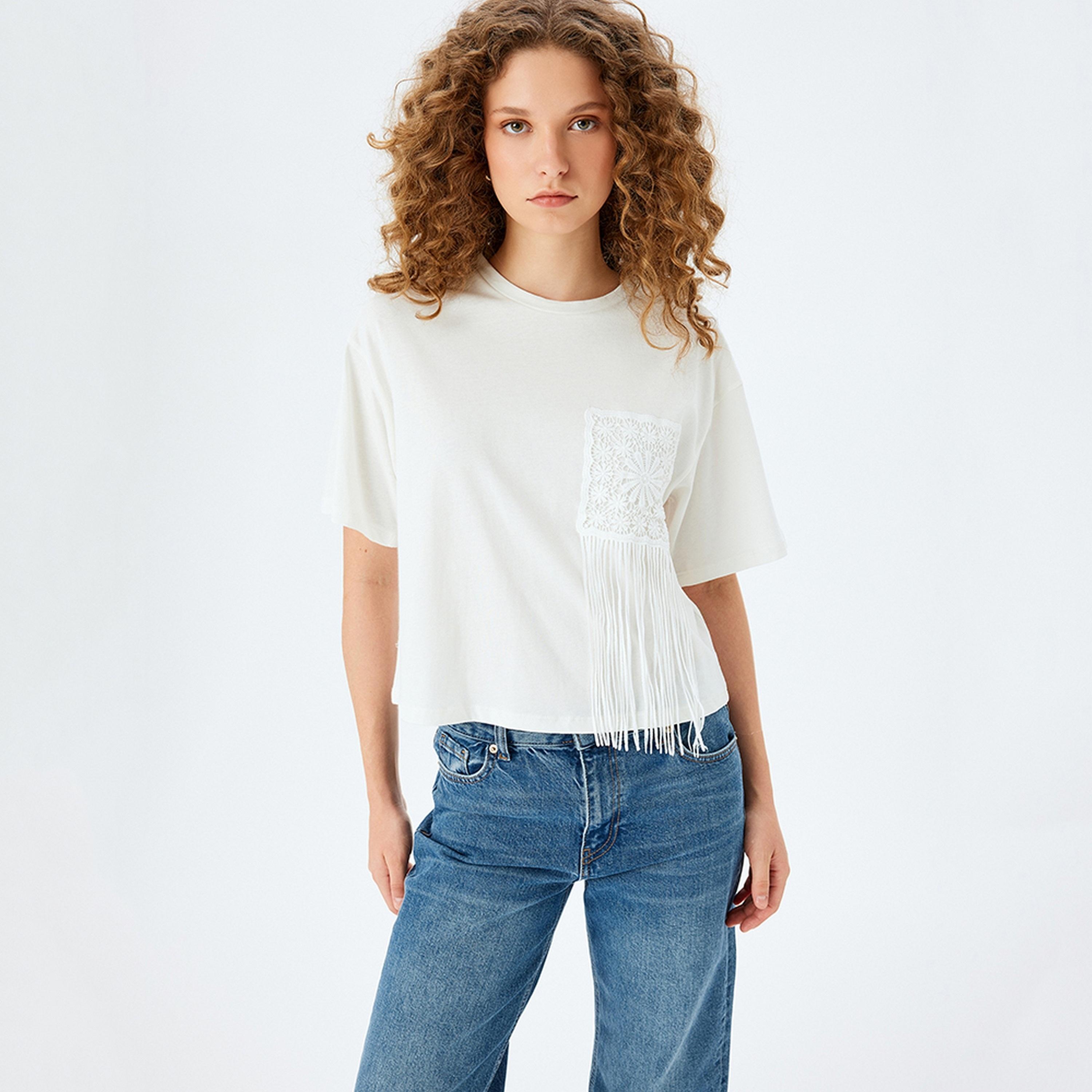 KOTON White Lace With Fringes Crew Neck Short Sleeves Women's Top-women-clothing-shirtsandblouses-blouses-image-2