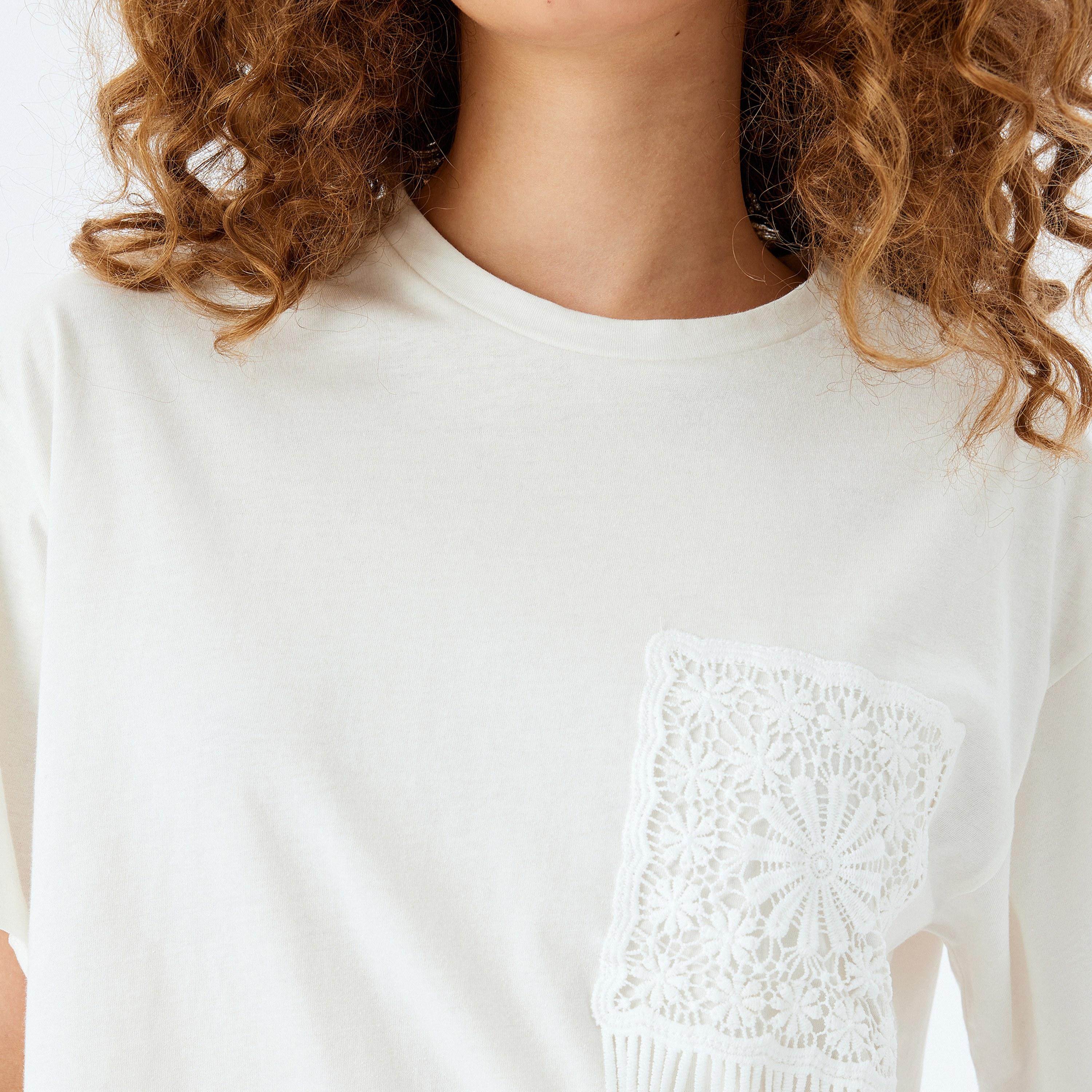 KOTON White Lace With Fringes Crew Neck Short Sleeves Women's Top-women-clothing-shirtsandblouses-blouses-image-4