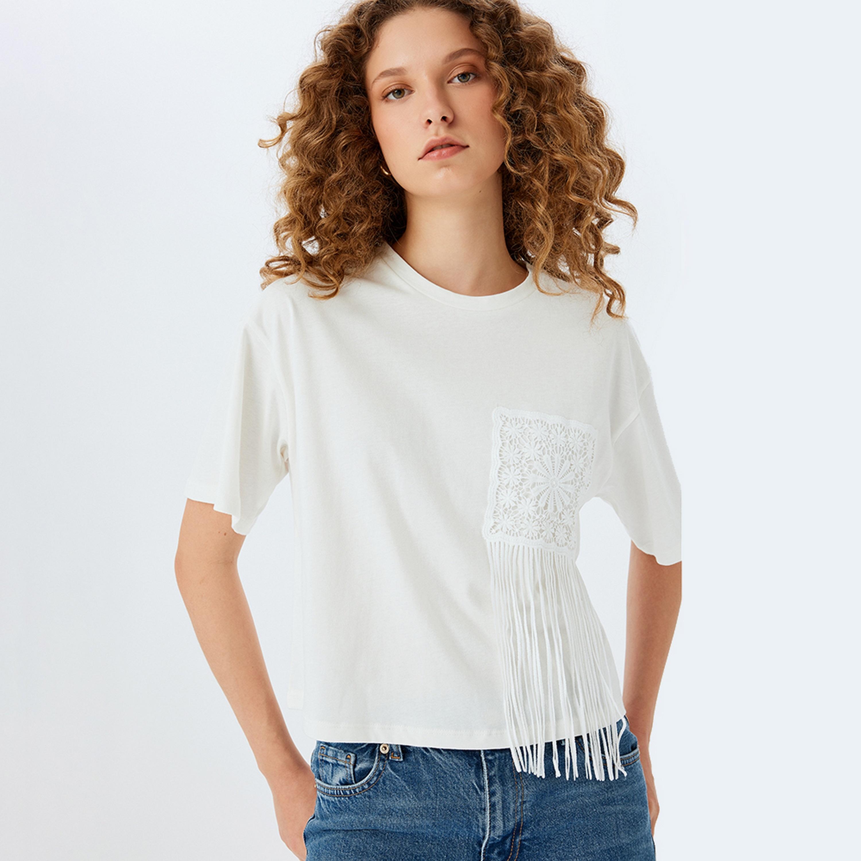 KOTON White Lace With Fringes Crew Neck Short Sleeves Women's Top-women-clothing-shirtsandblouses-blouses-image-5