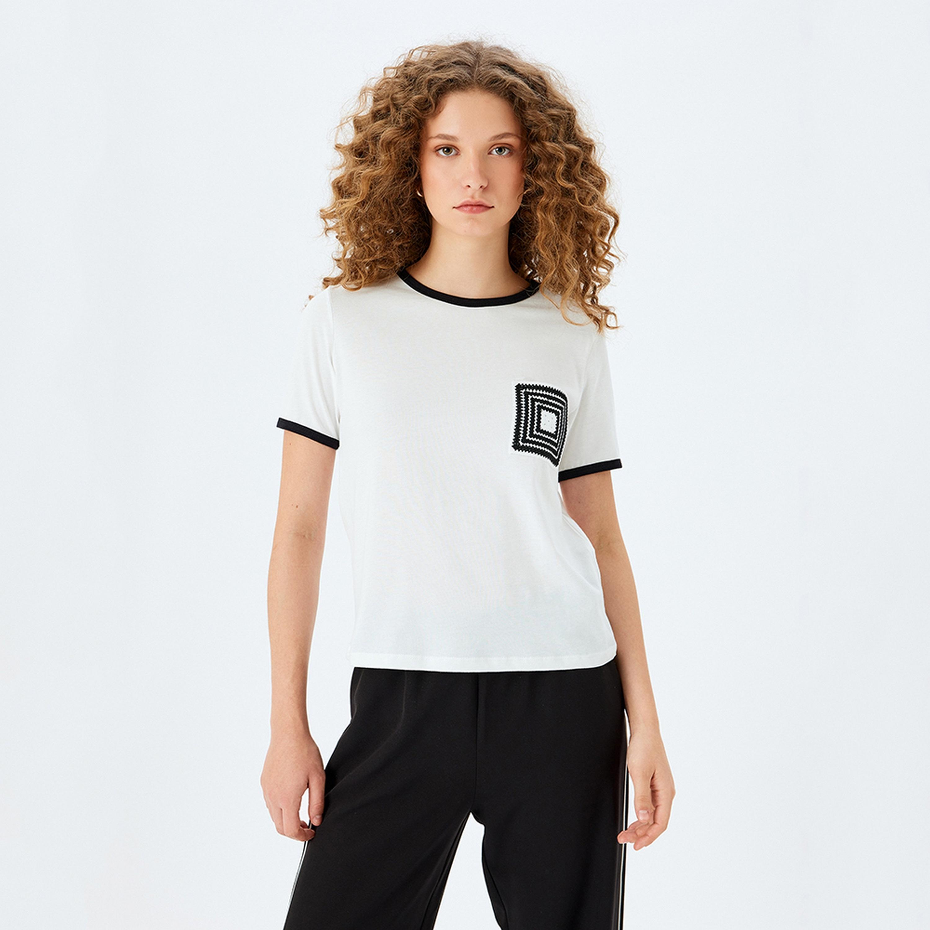 KOTON White Crochet Crew Neck Short Sleeves Women's T-Shirt-women-clothing-tshirts-image-1