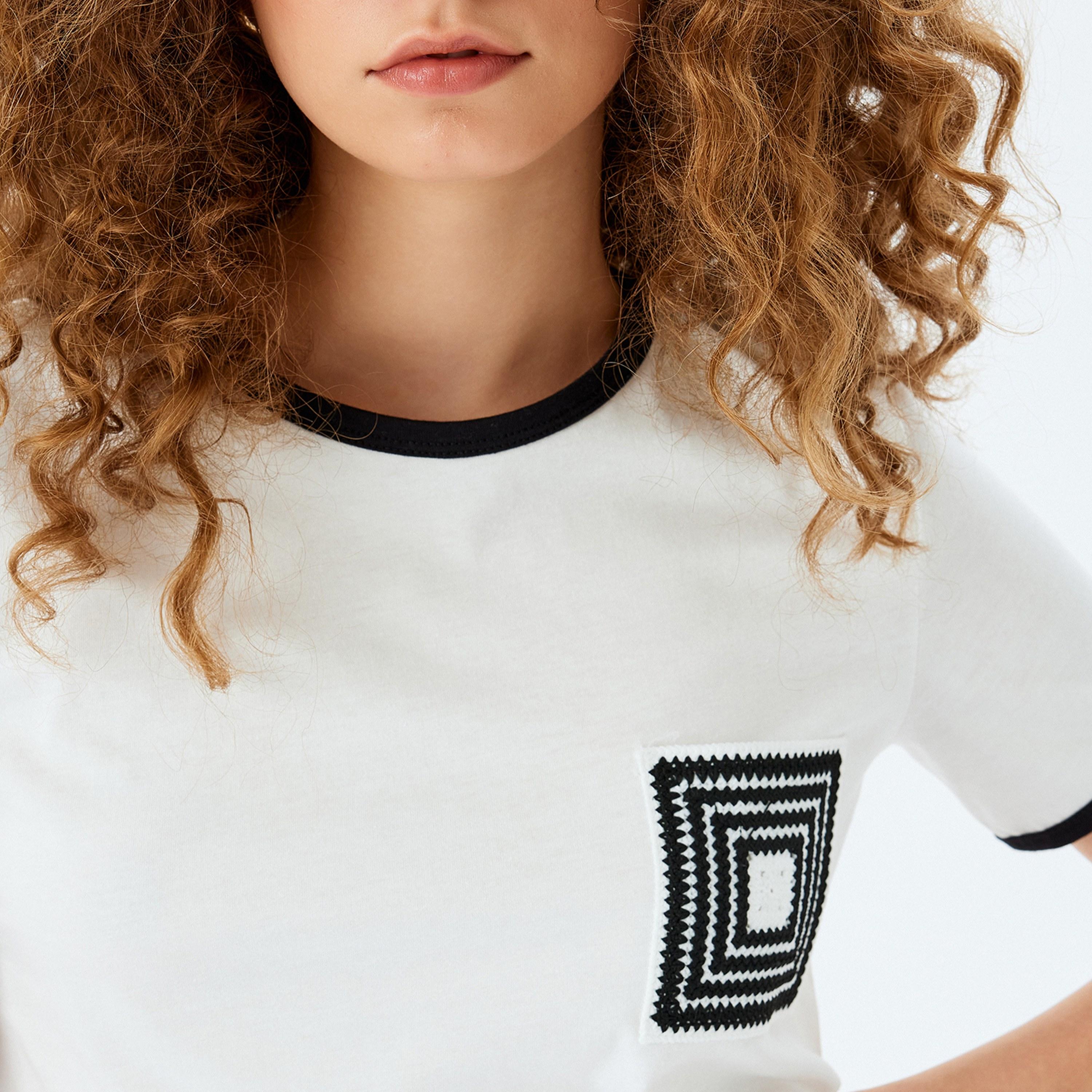 KOTON White Crochet Crew Neck Short Sleeves Women's T-Shirt-women-clothing-tshirts-image-4