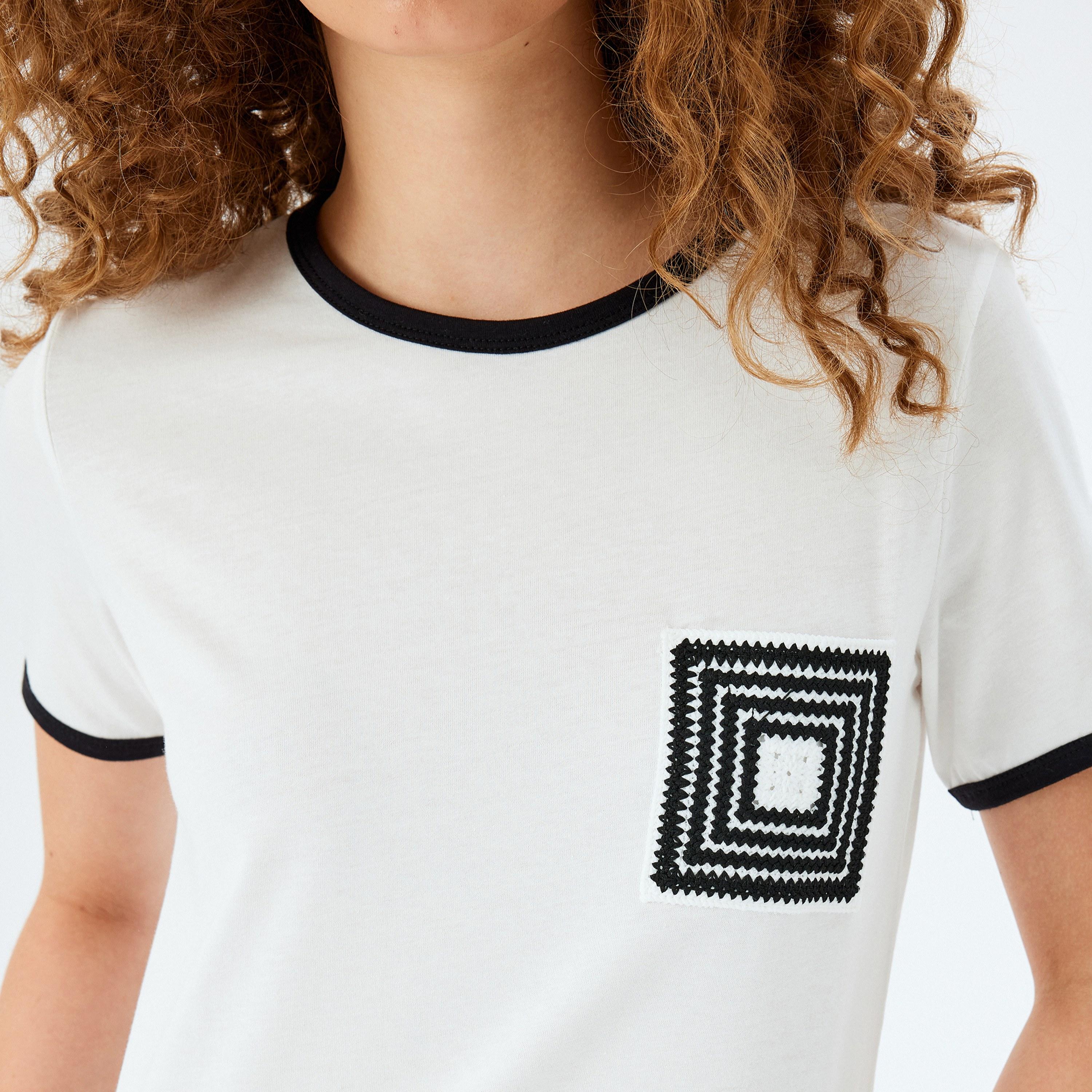KOTON White Crochet Crew Neck Short Sleeves Women's T-Shirt-women-clothing-tshirts-image-5
