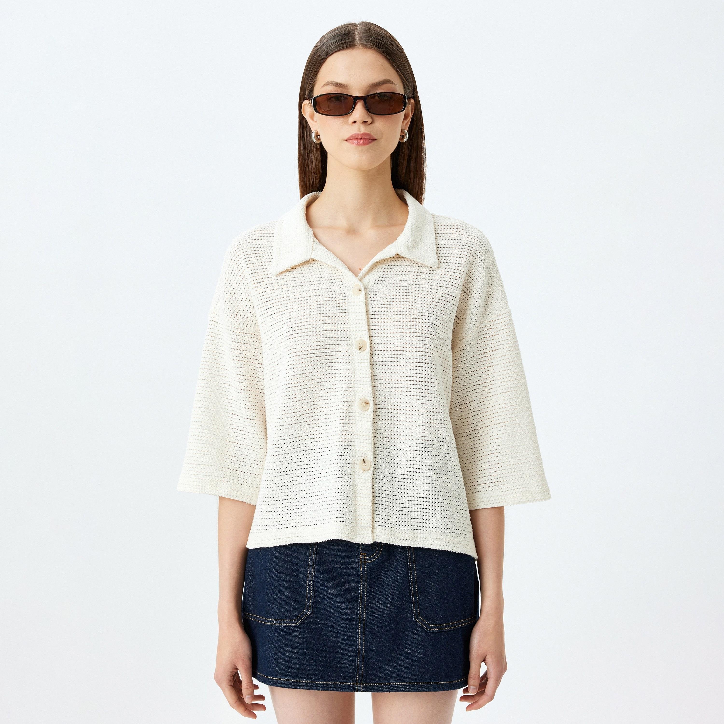Koton White Knitted Spread Collar Three-Quarter Sleeves Women's Shirt-women-clothing-shirtsandblouses-shirts-image-1