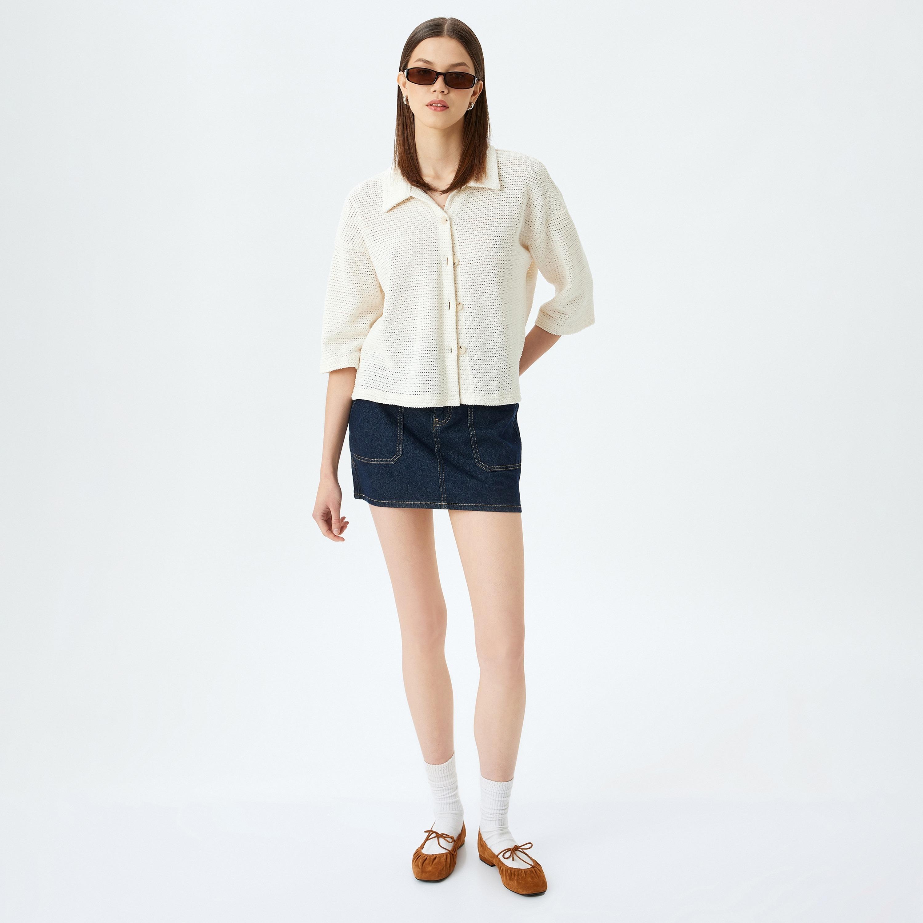 Koton White Knitted Spread Collar Three-Quarter Sleeves Women's Shirt-women-clothing-shirtsandblouses-shirts-image-2