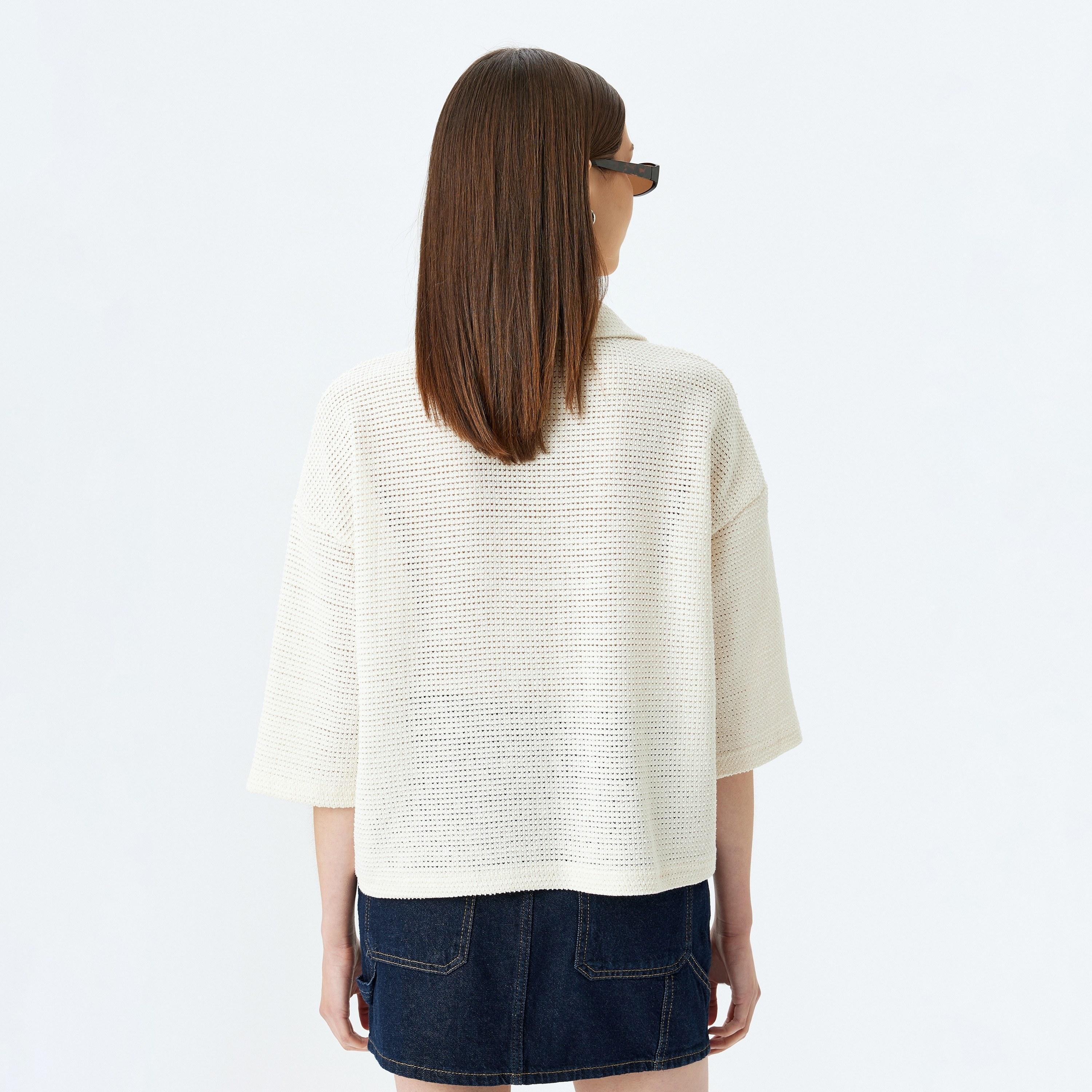 Koton White Knitted Spread Collar Three-Quarter Sleeves Women's Shirt-women-clothing-shirtsandblouses-shirts-image-3