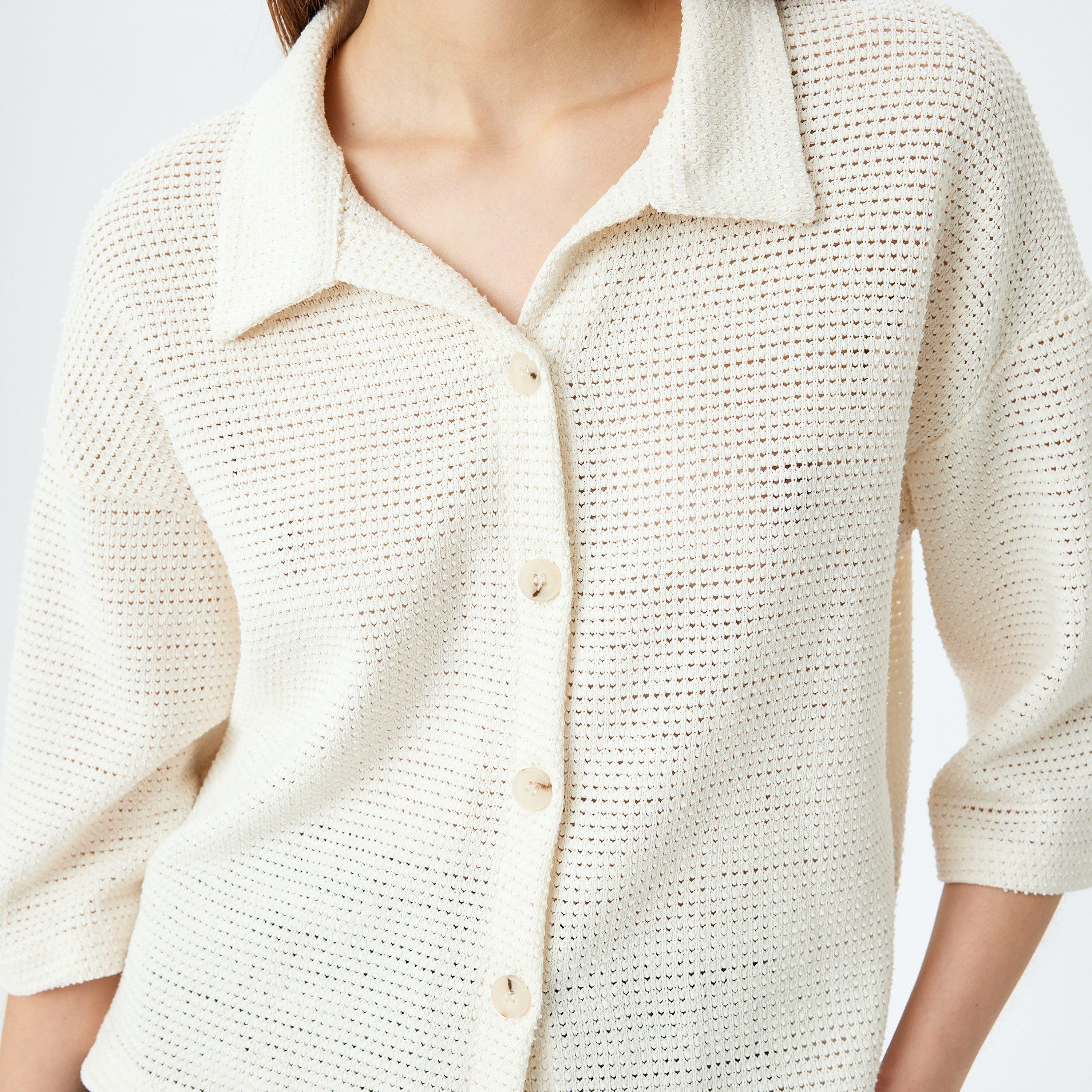 Koton White Knitted Spread Collar Three-Quarter Sleeves Women's Shirt-women-clothing-shirtsandblouses-shirts-image-4