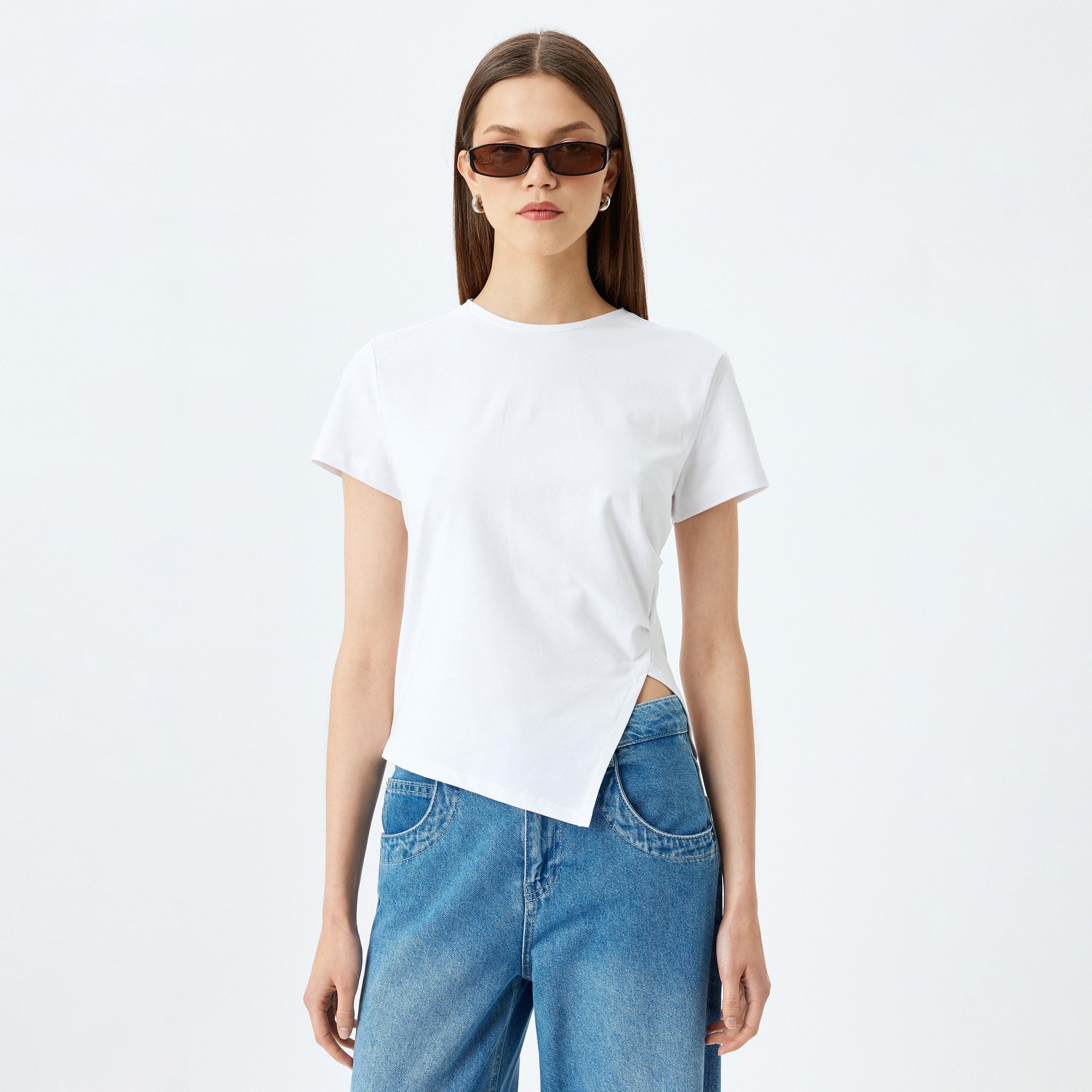 Koton White Plain Crew Neck Short Sleeves Women's T-Shirt-women-clothing-tshirts-image-1