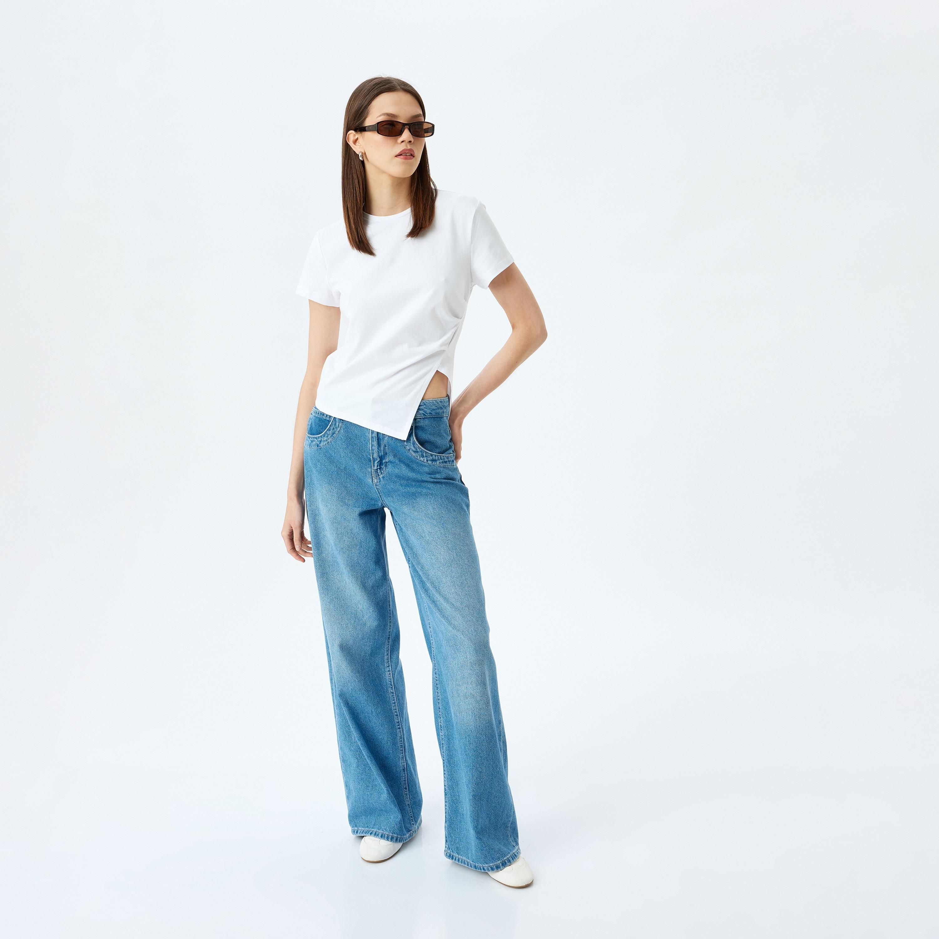 Koton White Plain Crew Neck Short Sleeves Women's T-Shirt-women-clothing-tshirts-image-2