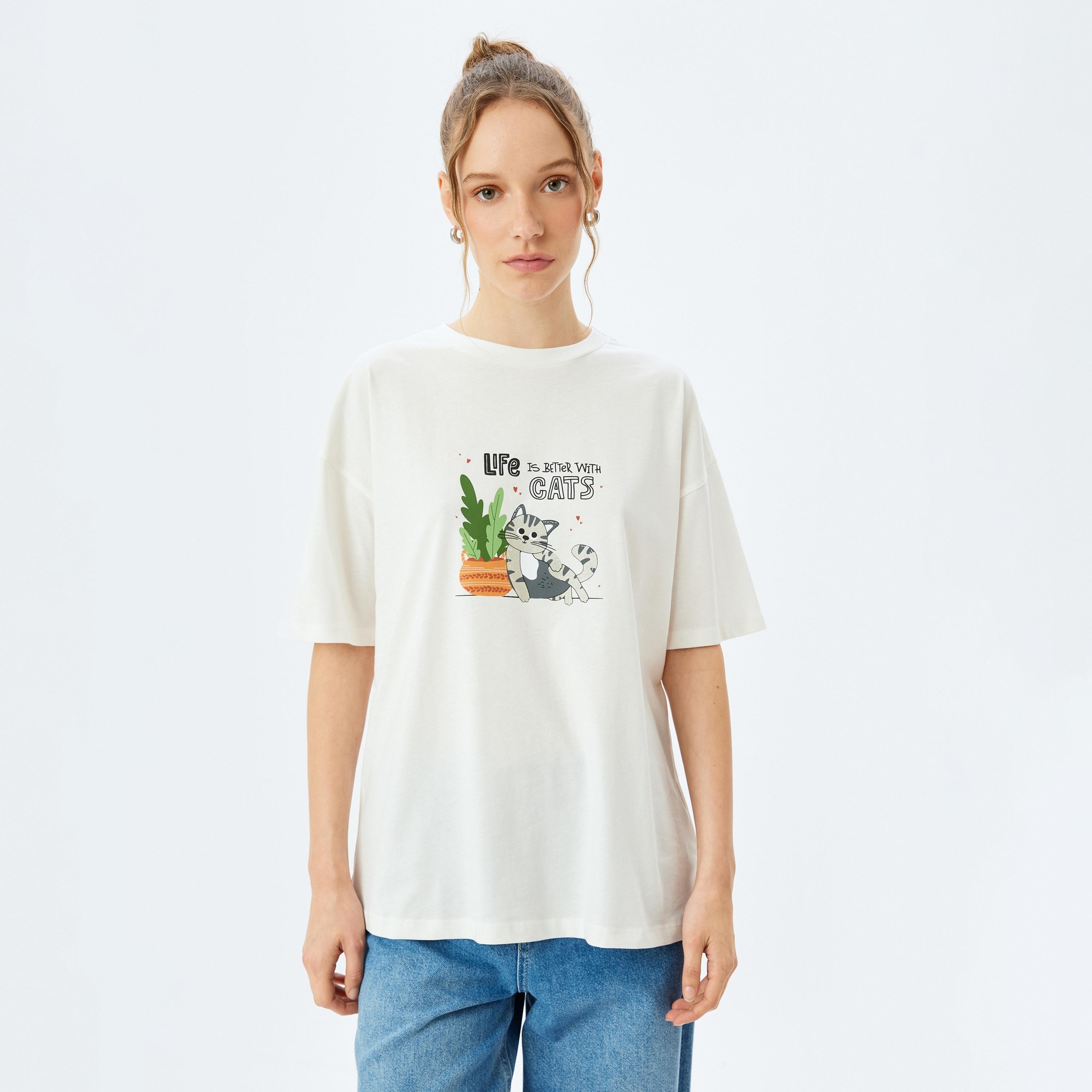 Koton White Graphic Print Crew Neck Short Sleeves Women's T-Shirt-women-clothing-tshirts-image-1