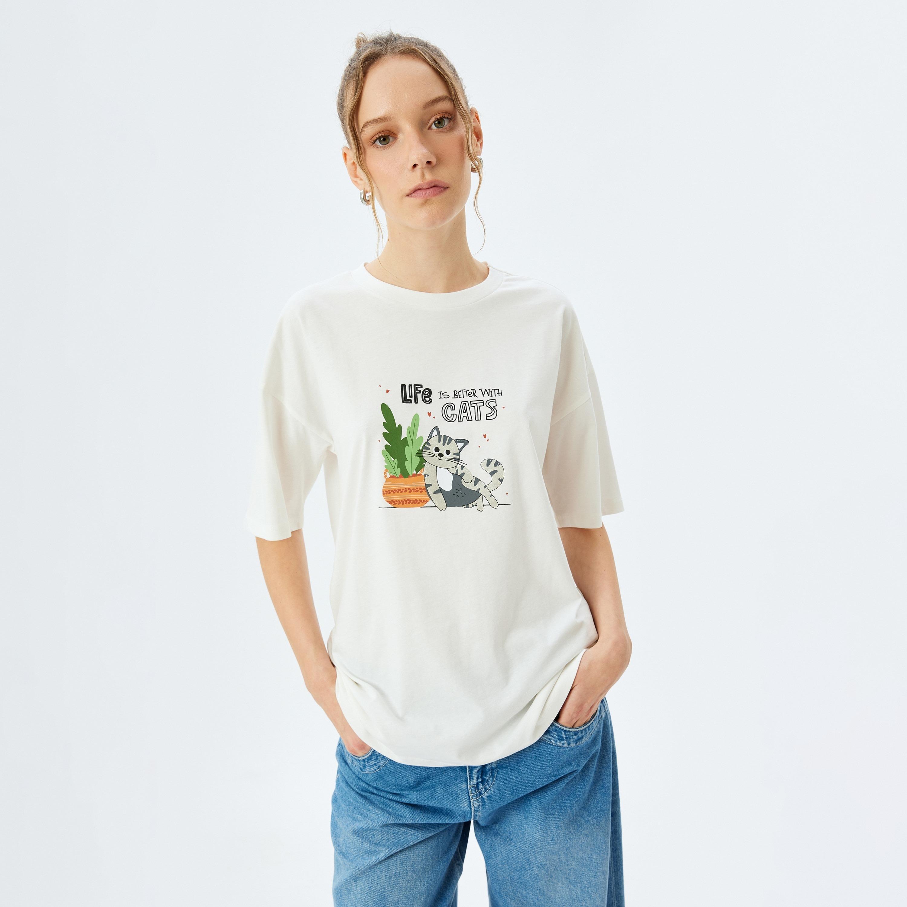 Koton White Graphic Print Crew Neck Short Sleeves Women's T-Shirt-women-clothing-tshirts-image-2