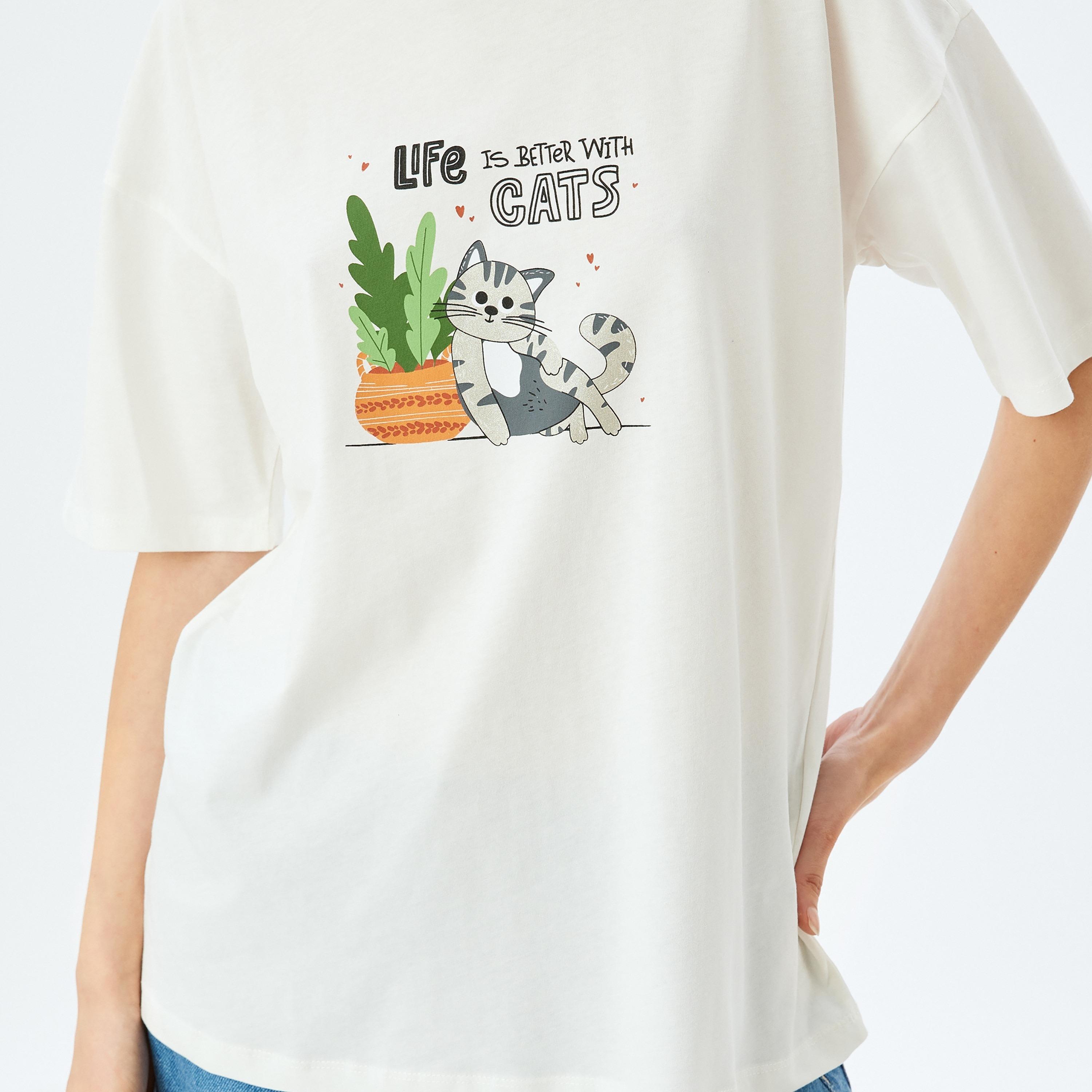 Koton White Graphic Print Crew Neck Short Sleeves Women's T-Shirt-women-clothing-tshirts-image-4