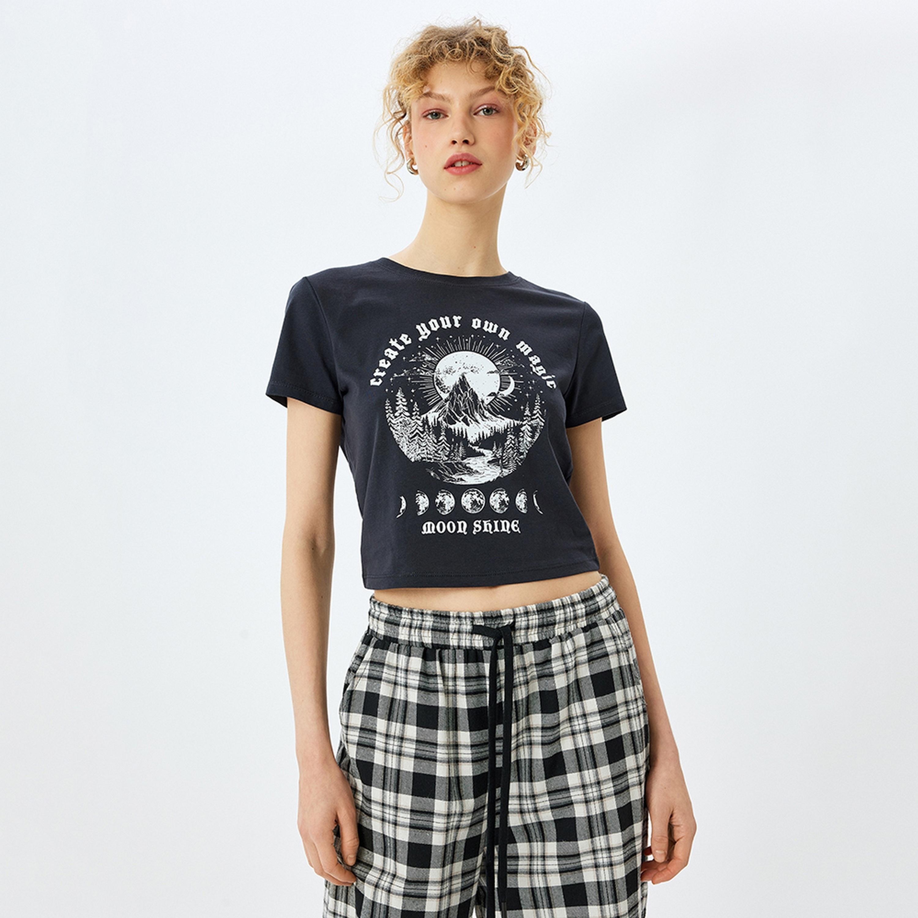 KOTON Blue Graphic Print Crew Neck Short Sleeves Women's T-Shirt-women-clothing-tshirts-image-1