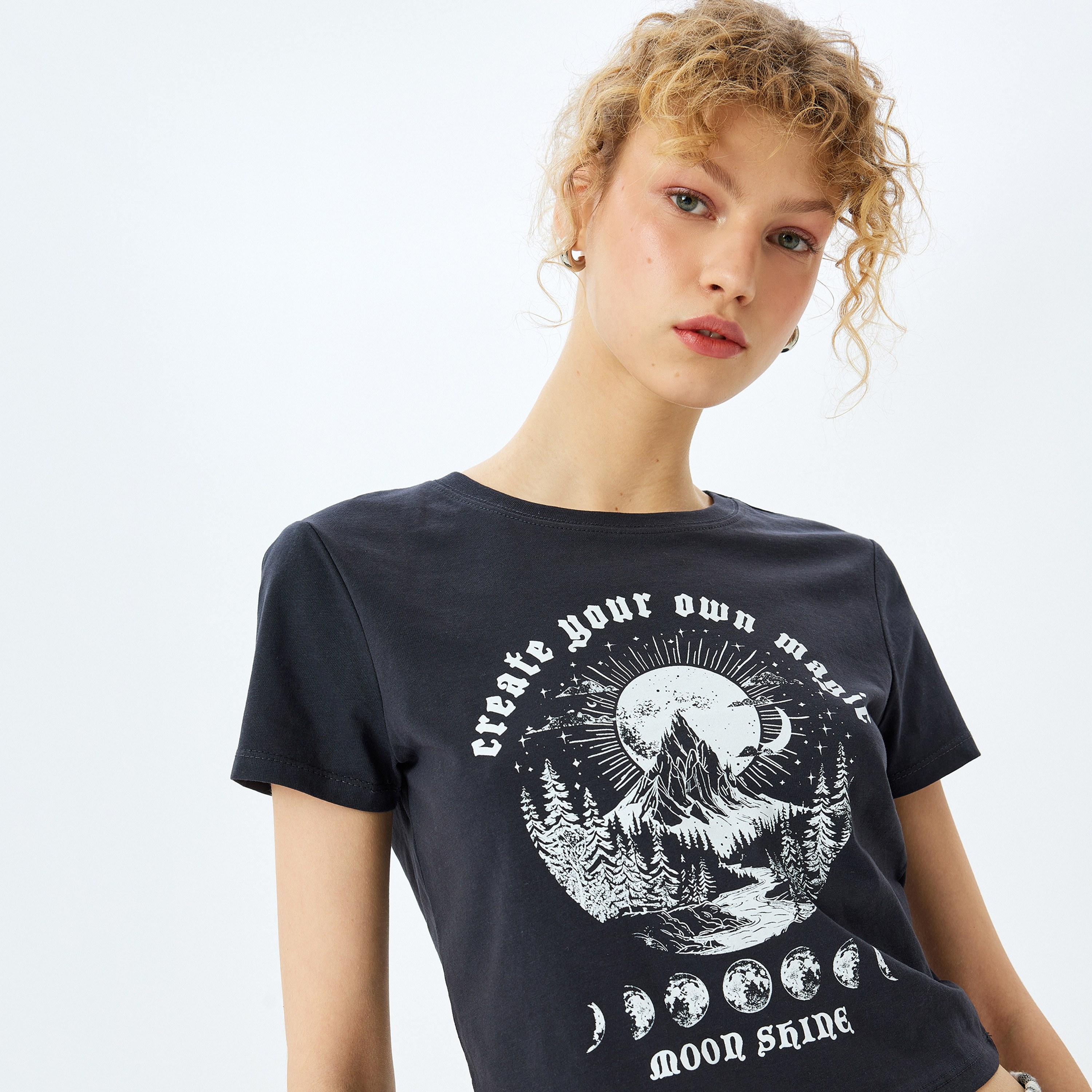 KOTON Blue Graphic Print Crew Neck Short Sleeves Women's T-Shirt-women-clothing-tshirts-image-5