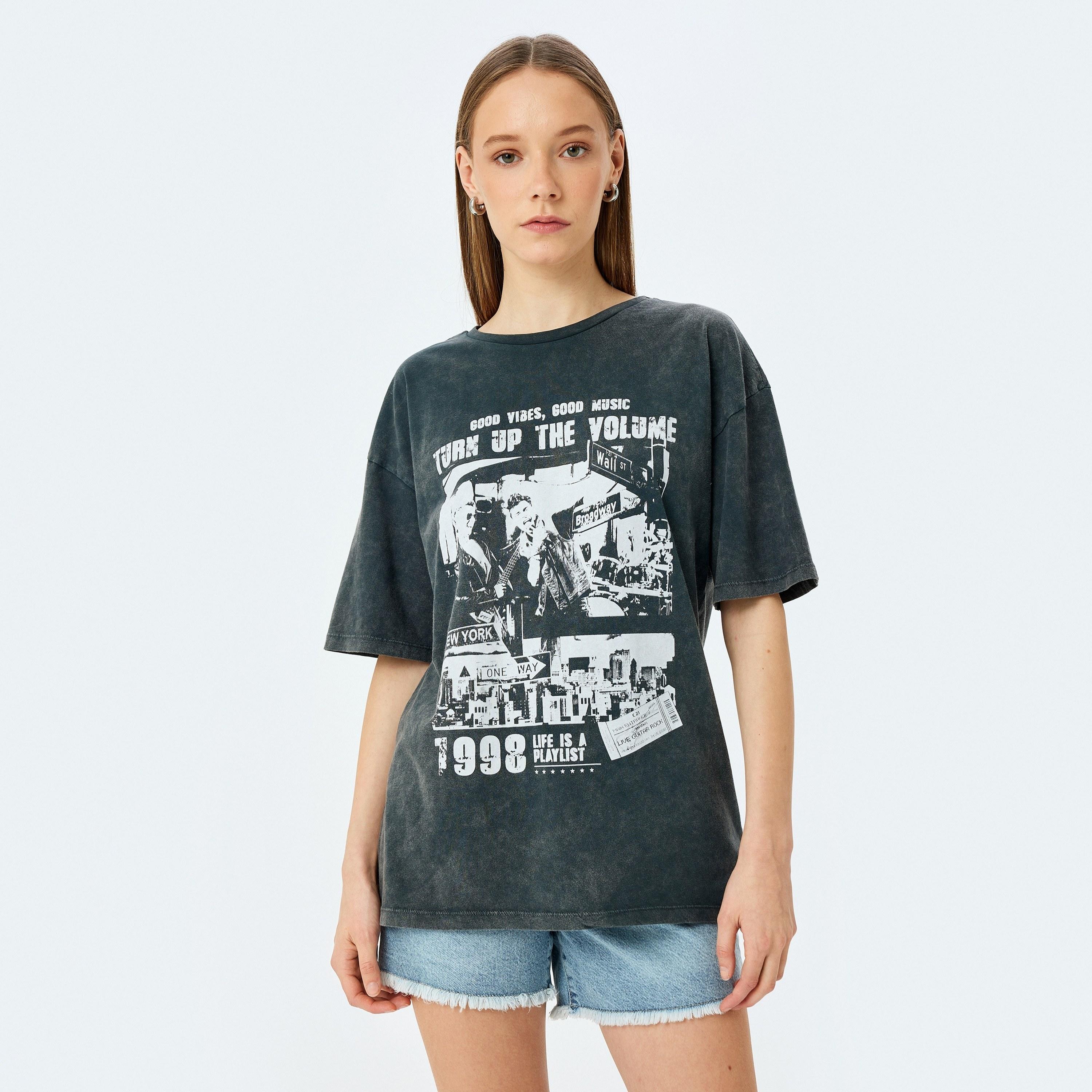 Koton Grey Vintage Washed Graphic Print Crew Neck Short Sleeves Women's T-Shirt-women-clothing-tshirts-image-1