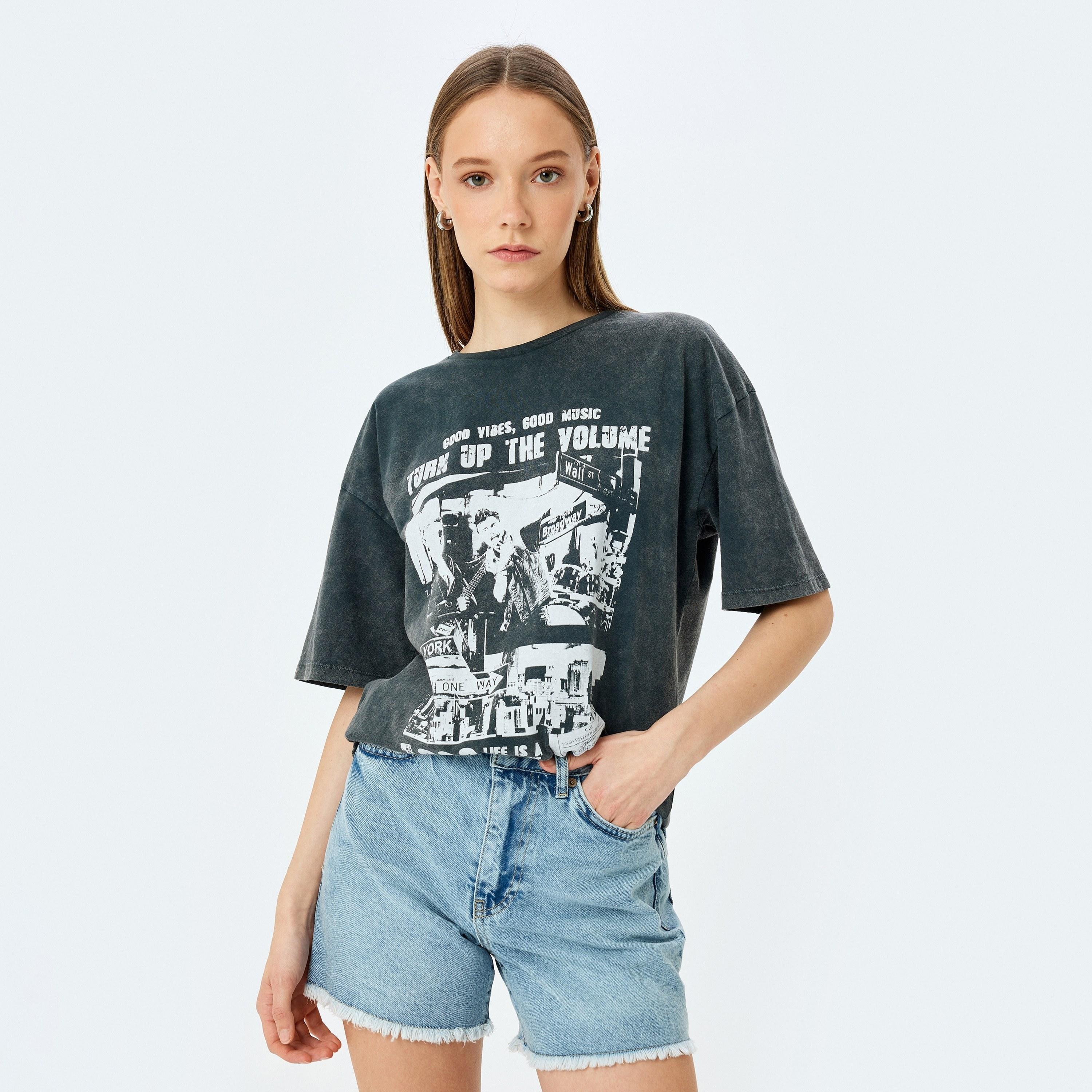 Koton Grey Vintage Washed Graphic Print Crew Neck Short Sleeves Women's T-Shirt-women-clothing-tshirts-image-2