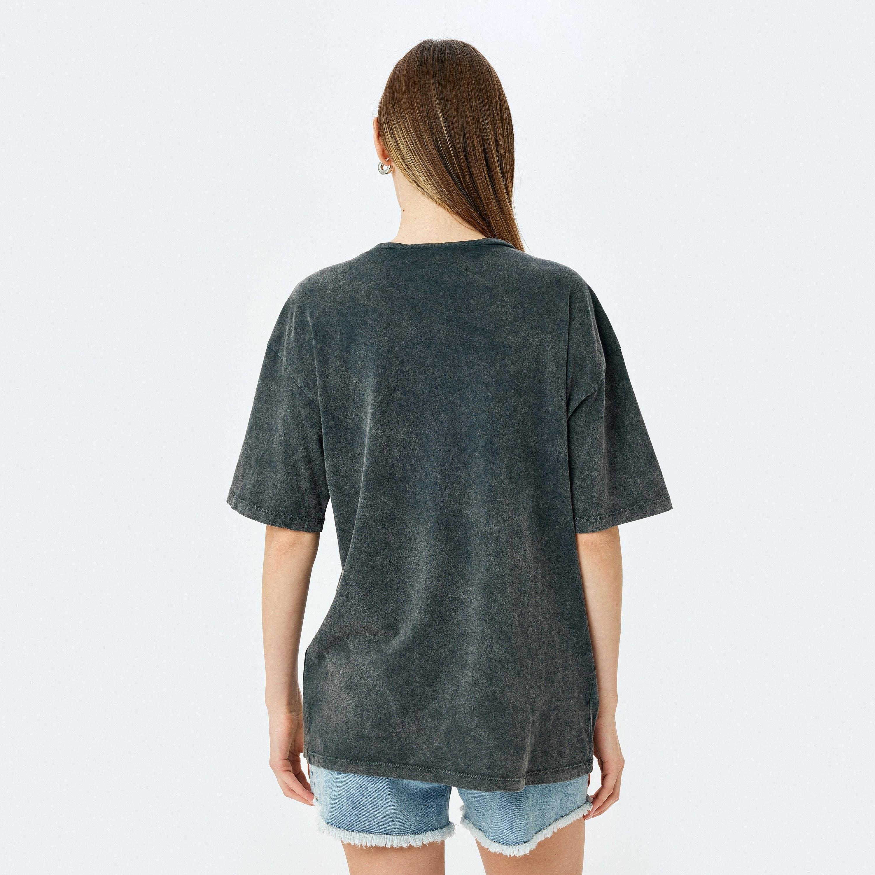 Koton Grey Vintage Washed Graphic Print Crew Neck Short Sleeves Women's T-Shirt-women-clothing-tshirts-image-3