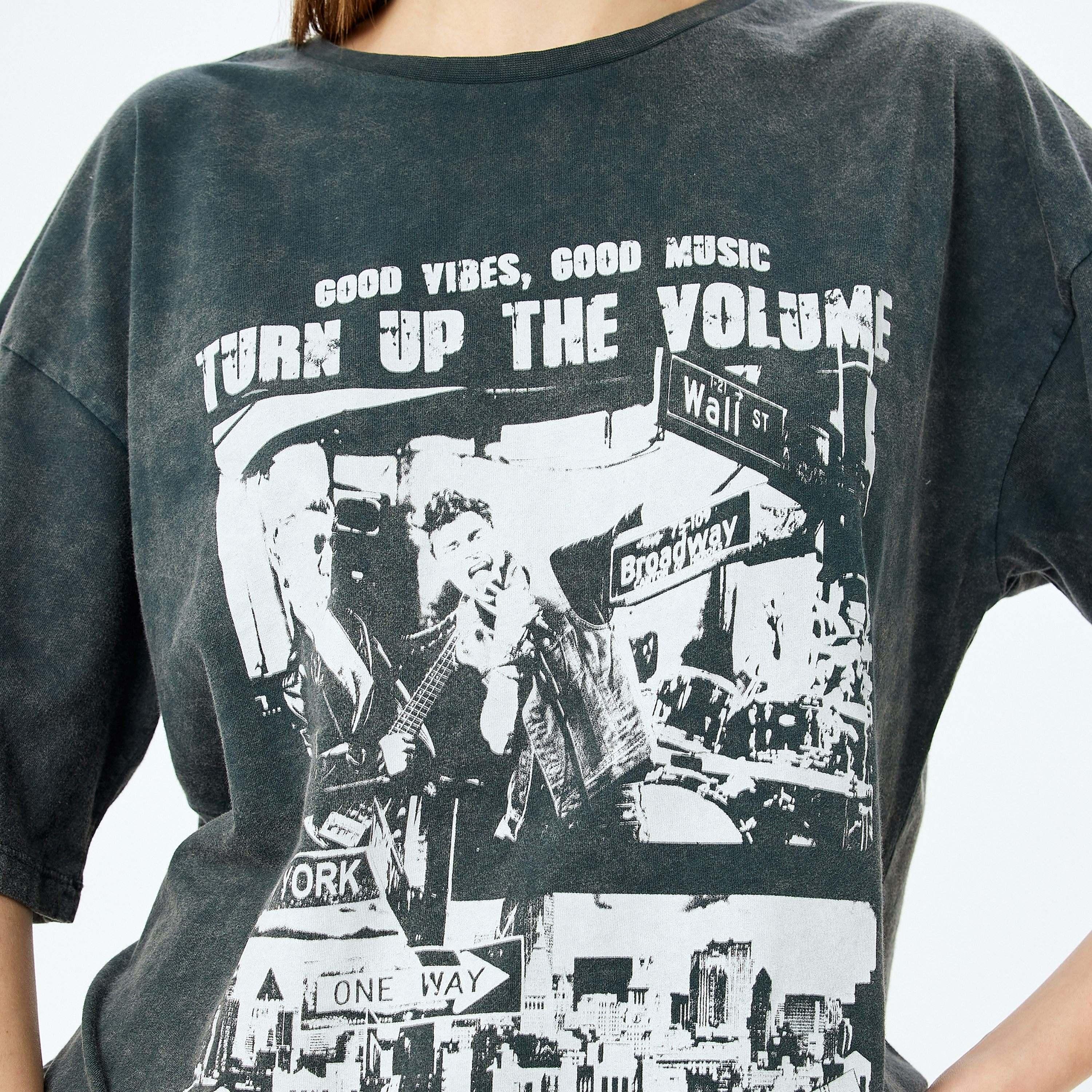 Koton Grey Vintage Washed Graphic Print Crew Neck Short Sleeves Women's T-Shirt-women-clothing-tshirts-image-4