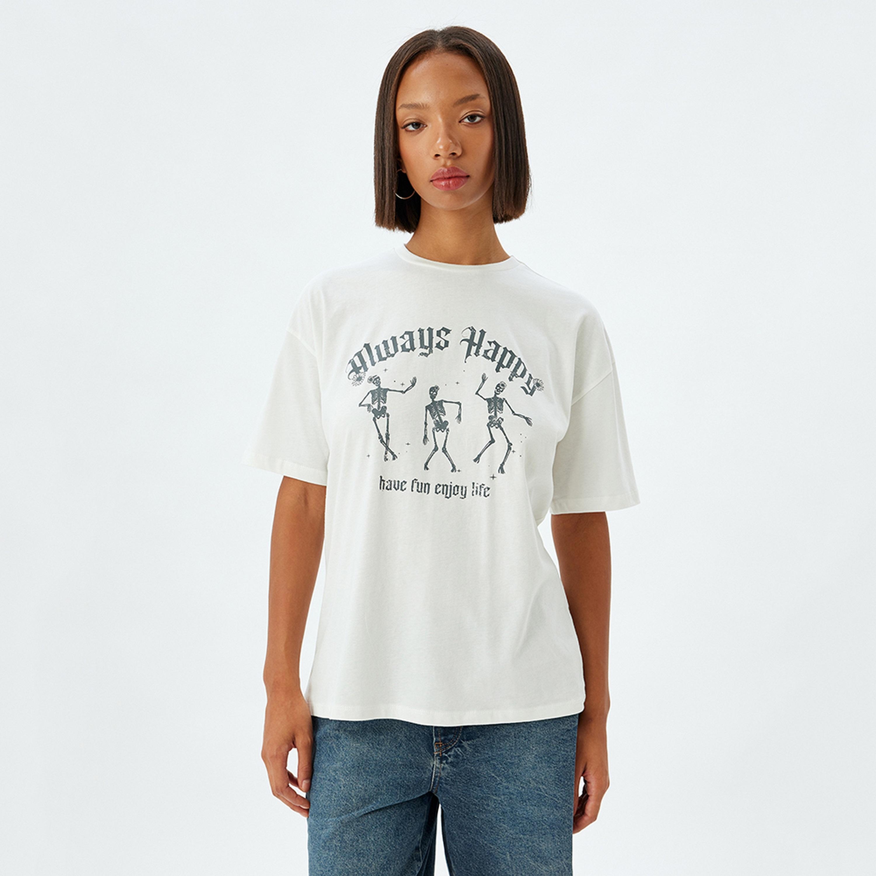 KOTON White Graphic Print Crew Neck Short Sleeves Women's T-Shirt-women-clothing-tshirts-image-1