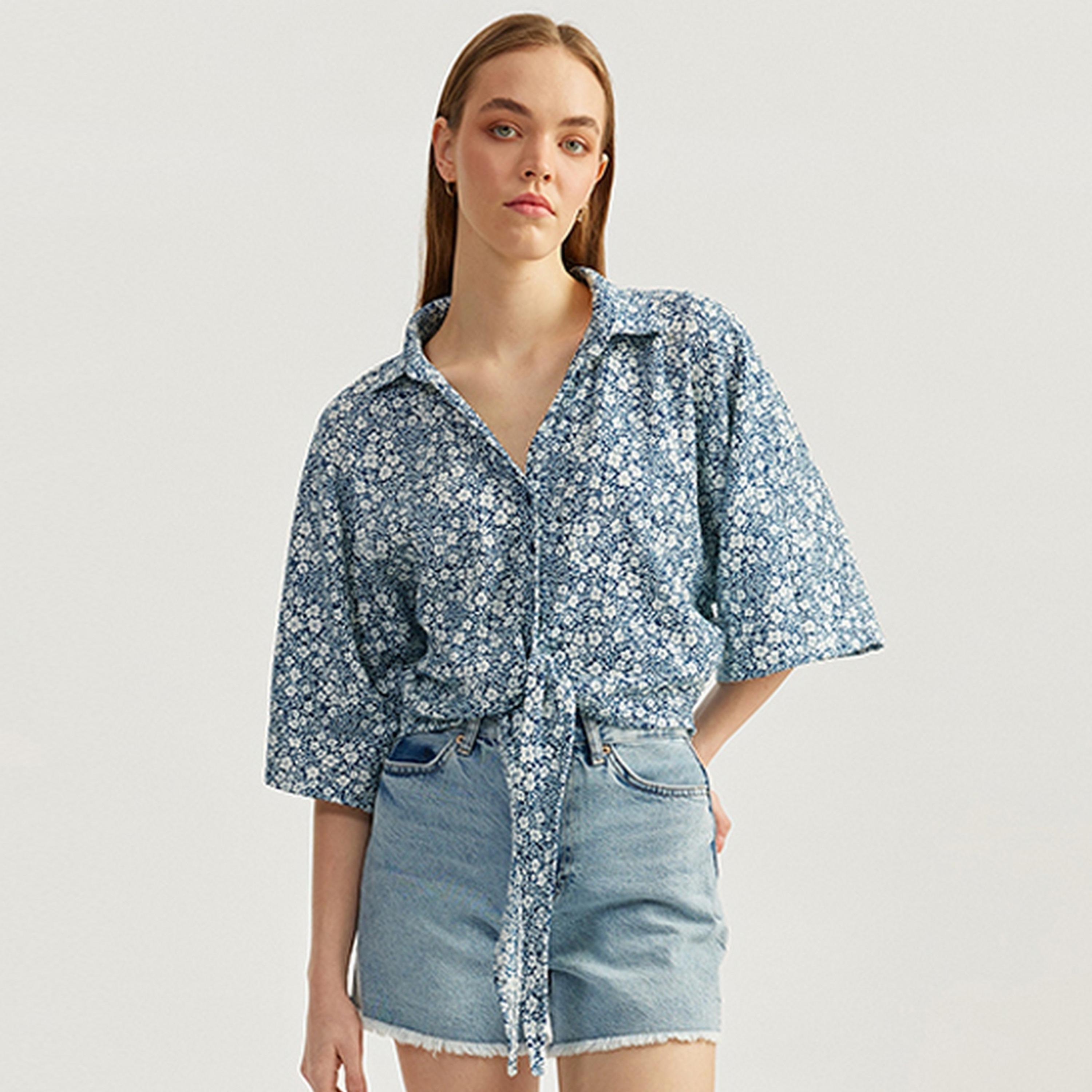 KOTON Blue Ditsy Floral Collared Three-Quarter Sleeves Women's Shirt-women-clothing-shirtsandblouses-shirts-image-1