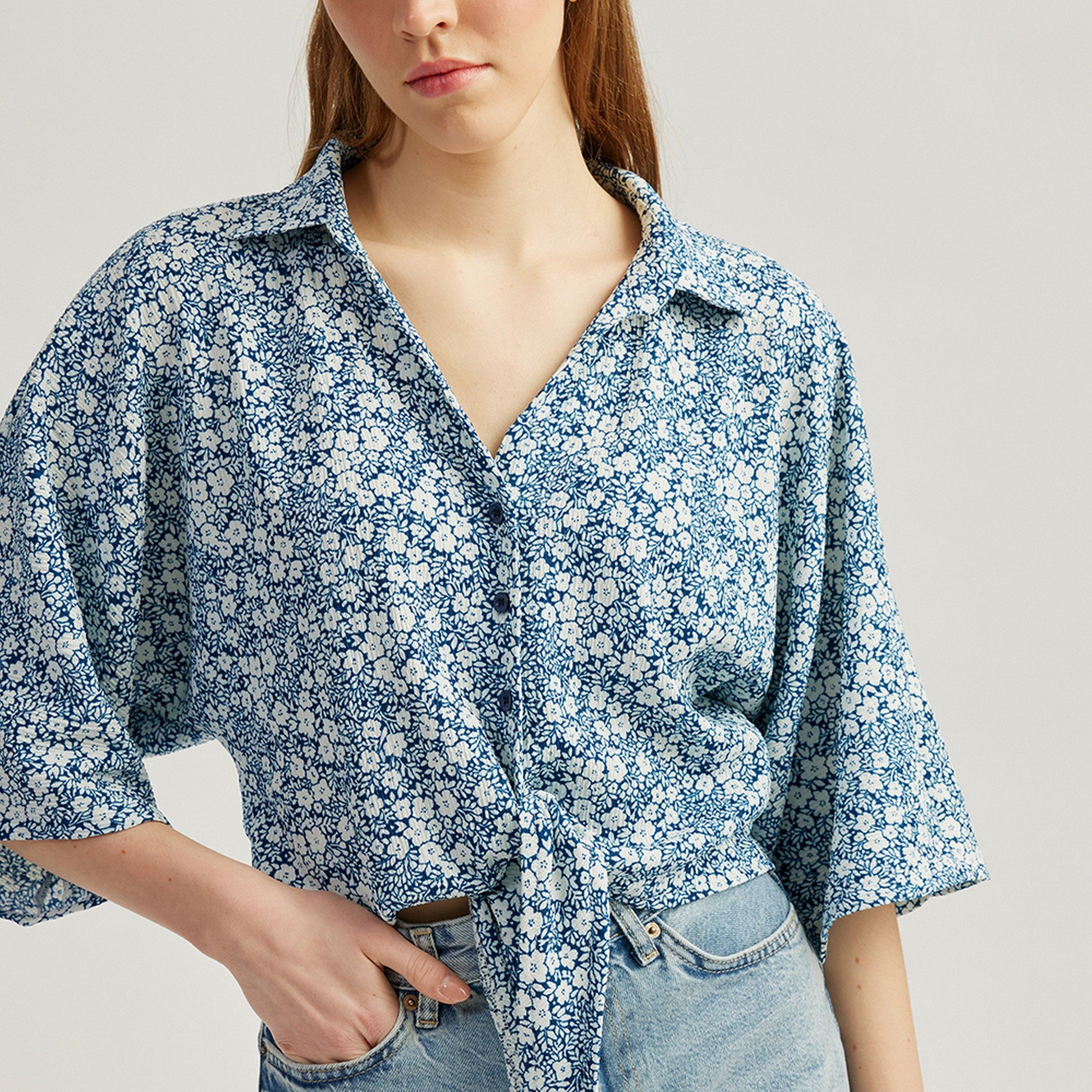 KOTON Blue Ditsy Floral Collared Three-Quarter Sleeves Women's Shirt-women-clothing-shirtsandblouses-shirts-image-3