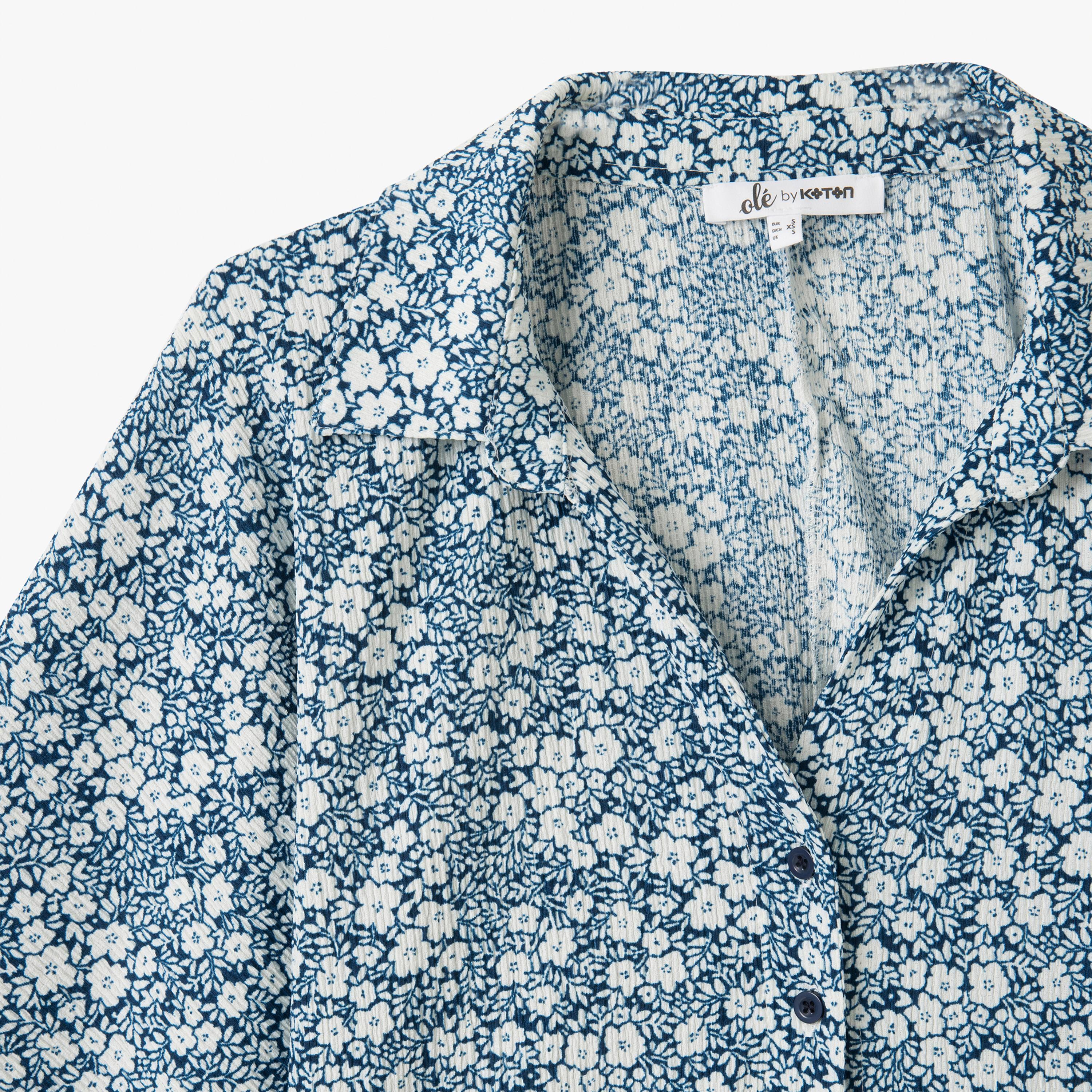 KOTON Blue Ditsy Floral Collared Three-Quarter Sleeves Women's Shirt-women-clothing-shirtsandblouses-shirts-image-4
