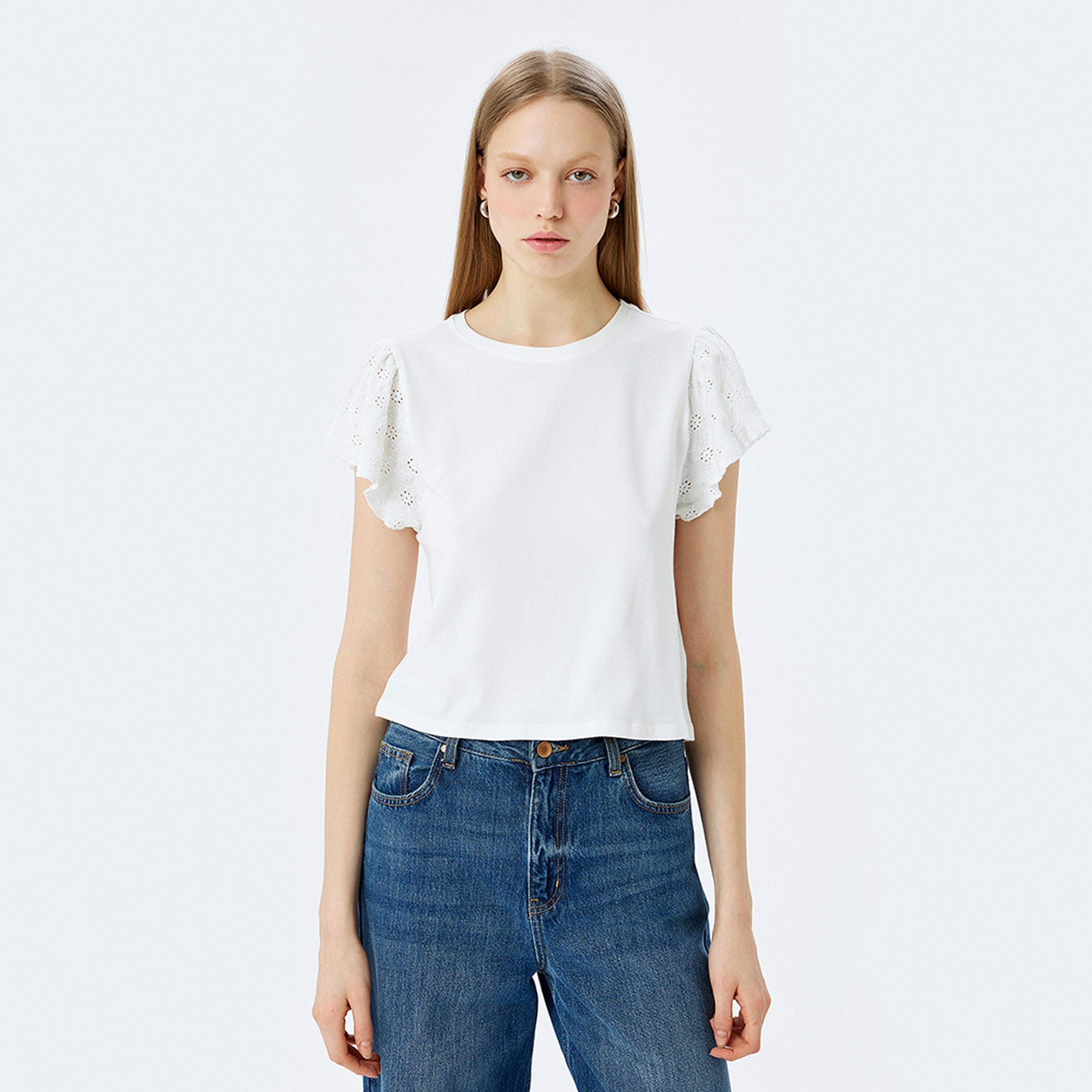 KOTON White Crew Neck Ruffle Sleeves Women's Top-women-clothing-shirtsandblouses-blouses-image-1