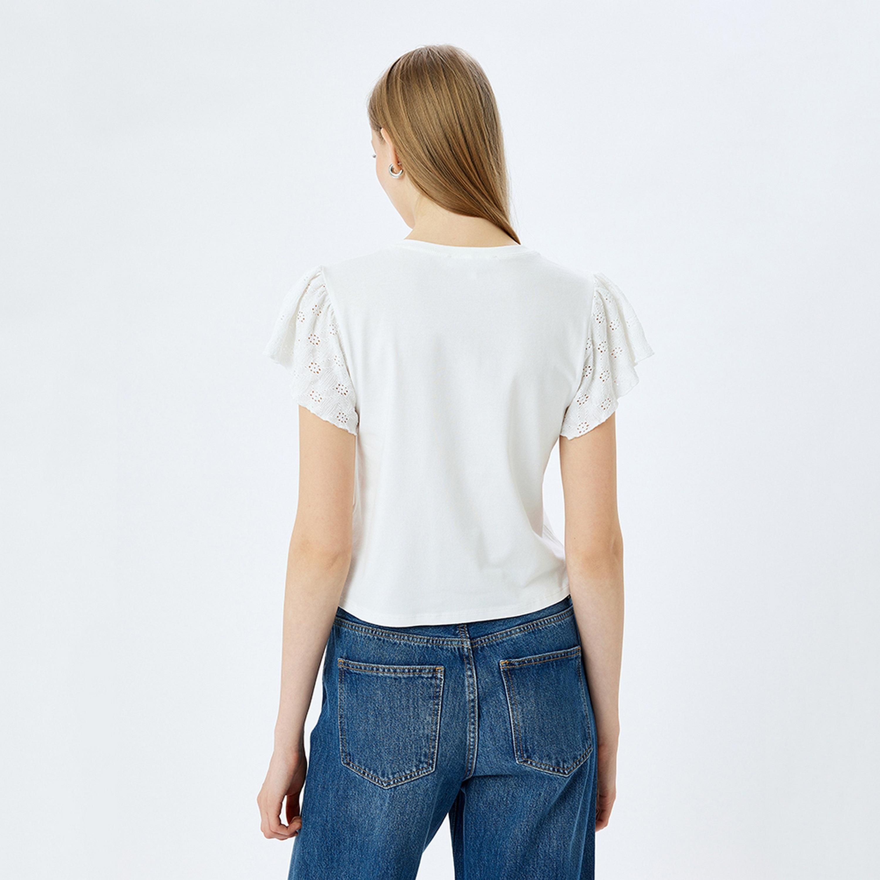 KOTON White Crew Neck Ruffle Sleeves Women's Top-women-clothing-shirtsandblouses-blouses-image-3