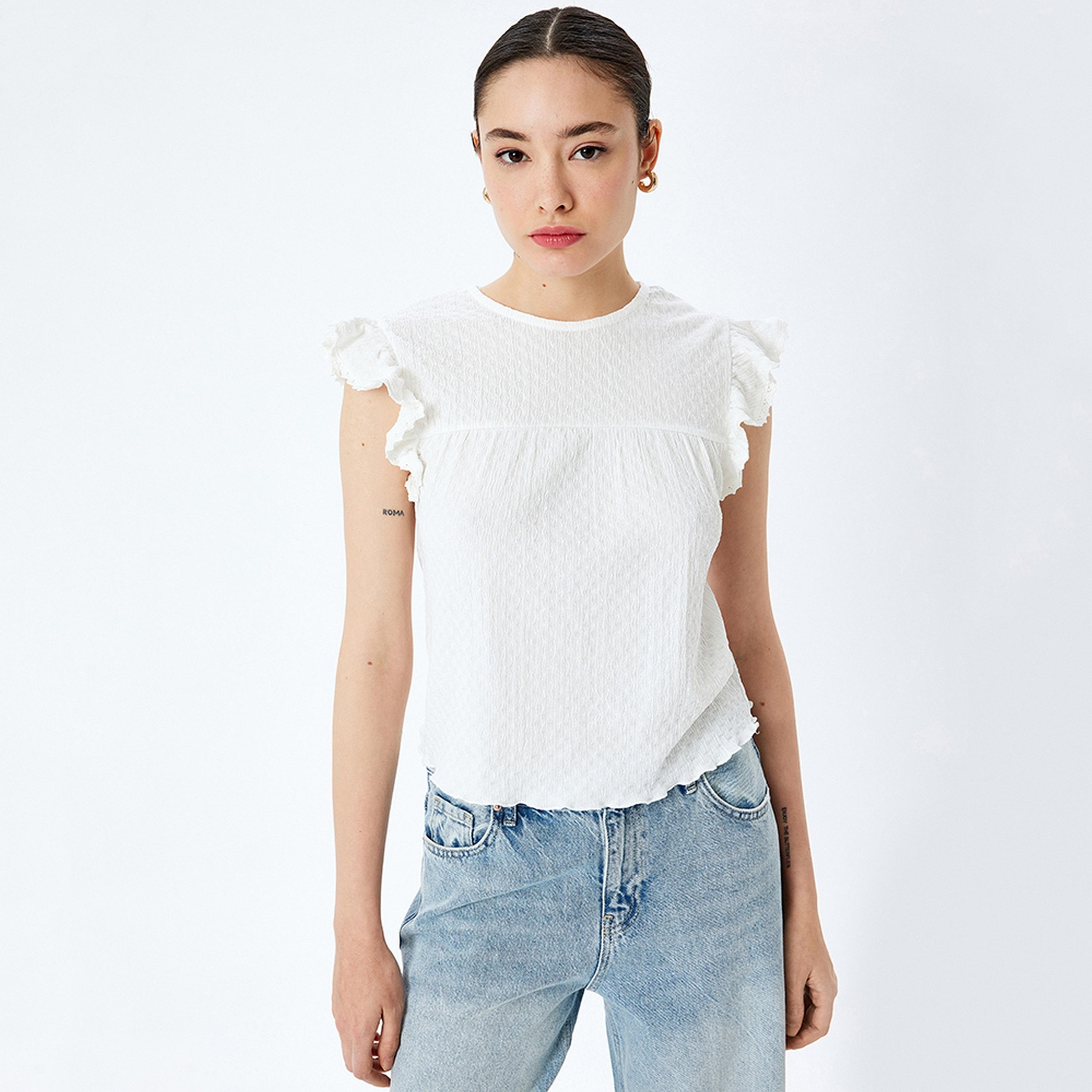 KOTON White Textured Round Neck Ruffle Sleeves Women's Top-women-clothing-shirtsandblouses-blouses-image-1
