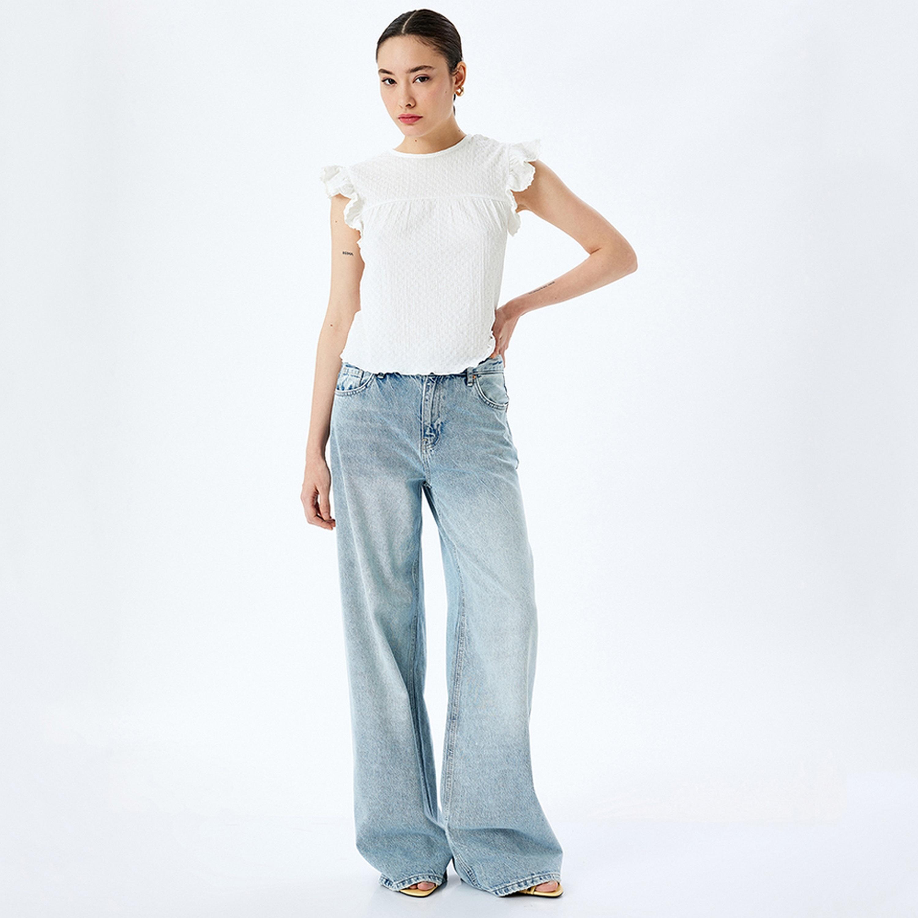 KOTON White Textured Round Neck Ruffle Sleeves Women's Top-women-clothing-shirtsandblouses-blouses-image-2