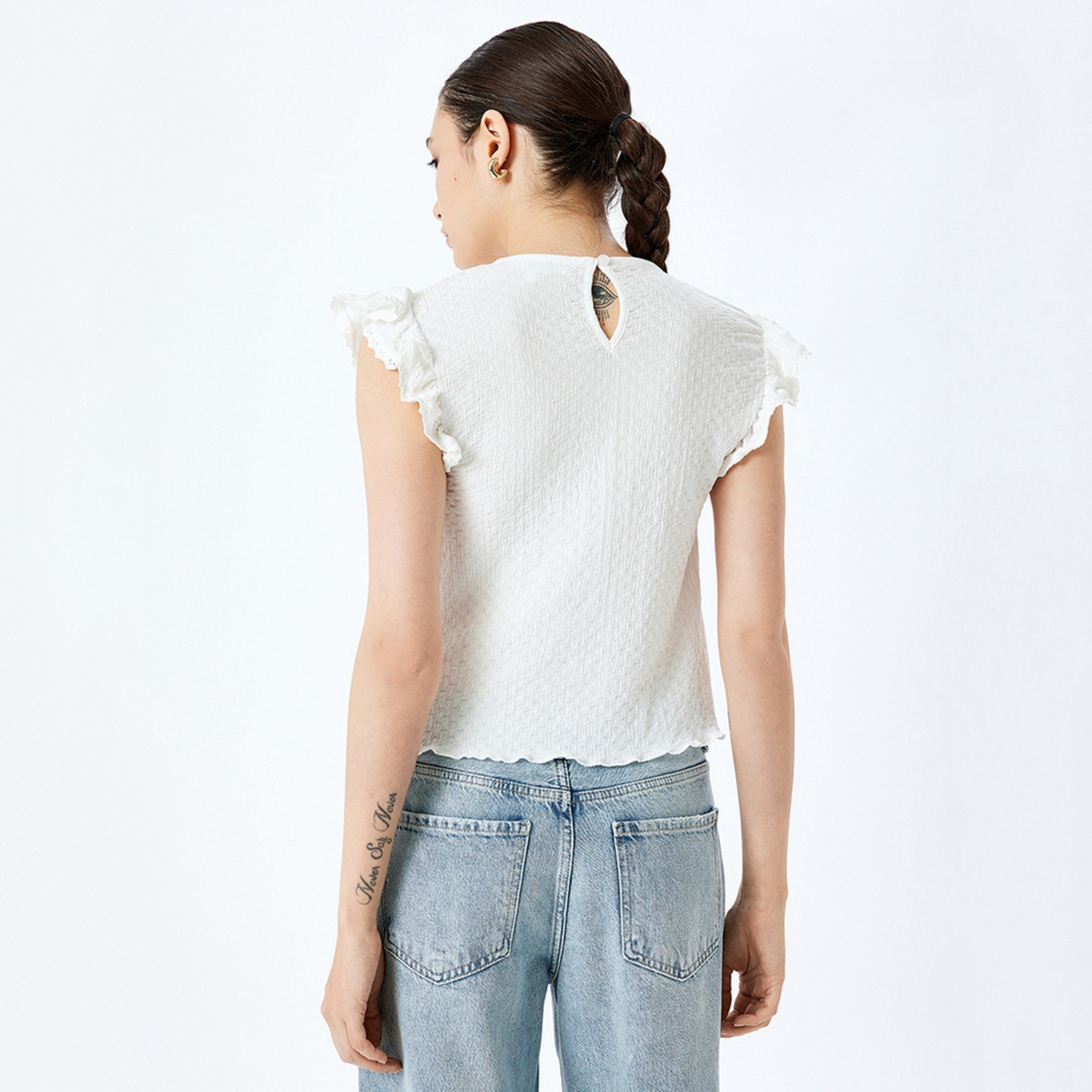 KOTON White Textured Round Neck Ruffle Sleeves Women's Top-women-clothing-shirtsandblouses-blouses-image-3