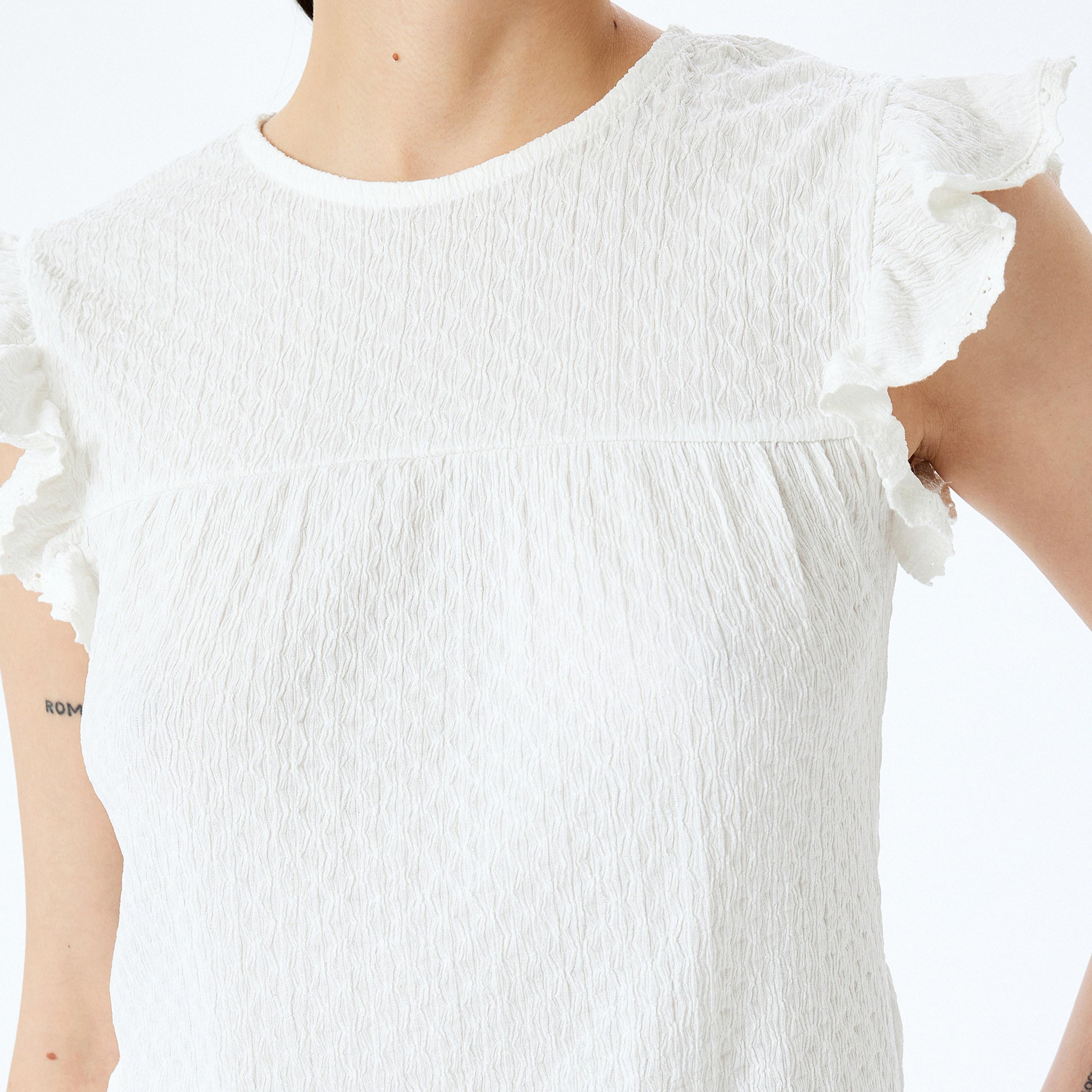 KOTON White Textured Round Neck Ruffle Sleeves Women's Top-women-clothing-shirtsandblouses-blouses-image-4