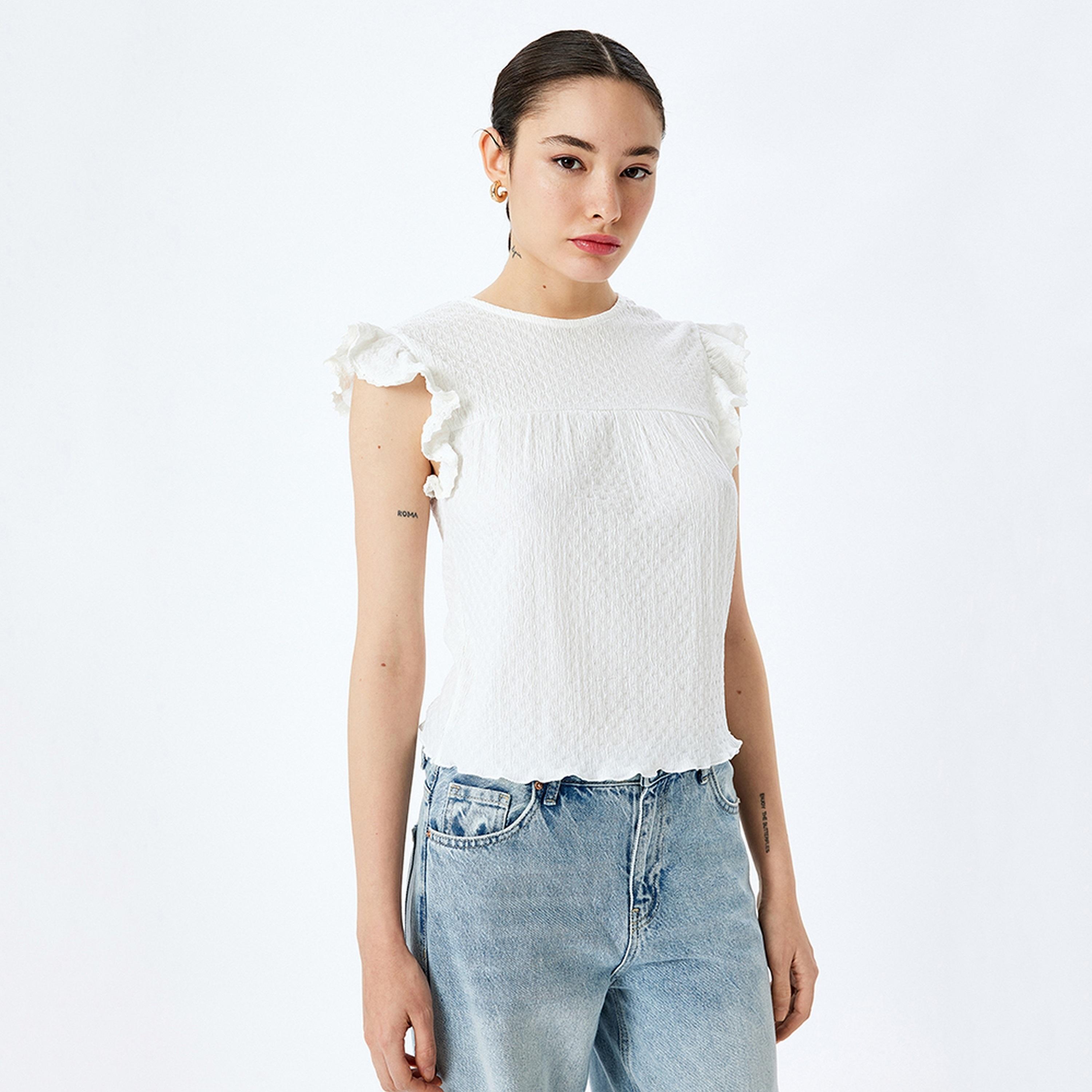 KOTON White Textured Round Neck Ruffle Sleeves Women's Top-women-clothing-shirtsandblouses-blouses-image-5