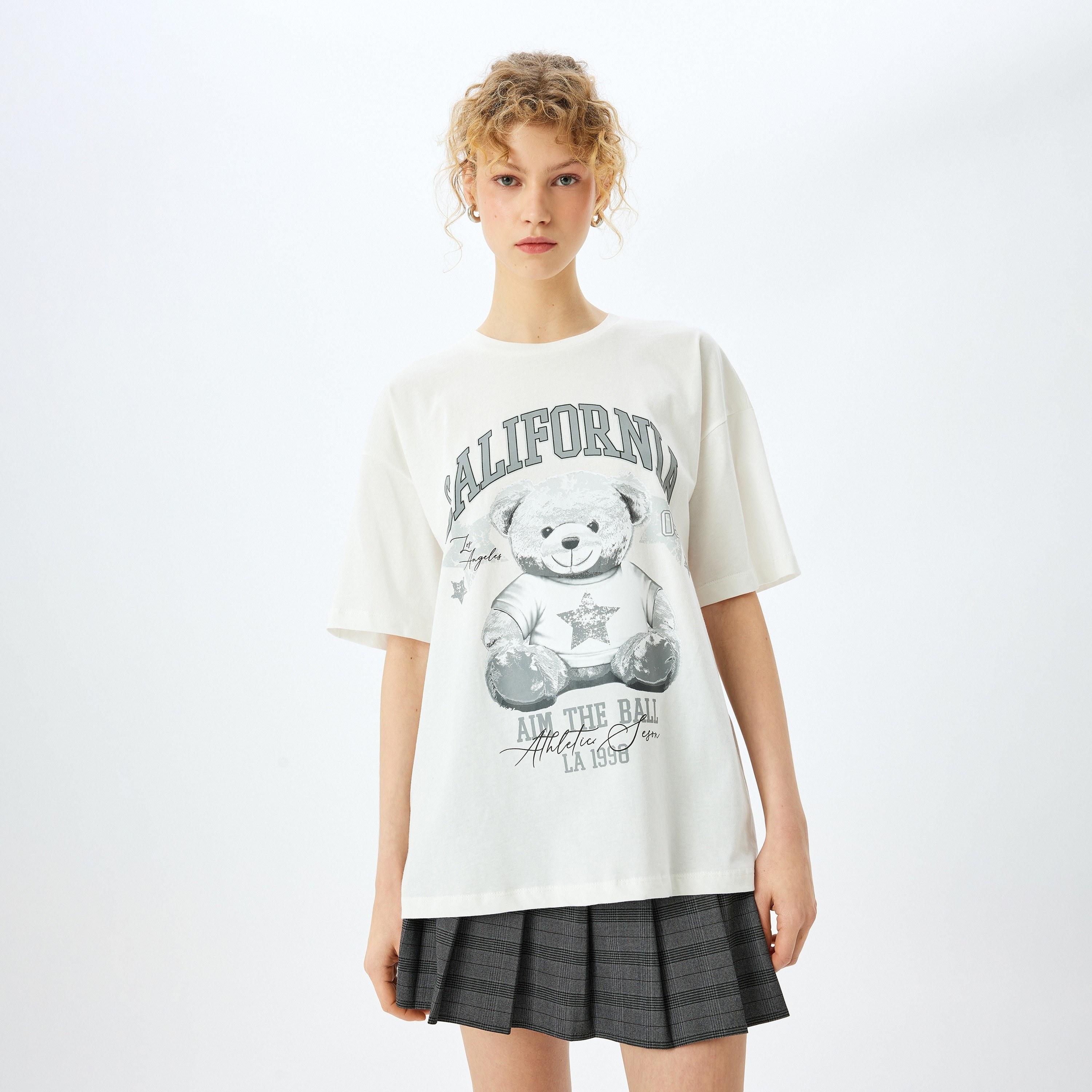 Koton White Graphic Print Crew Neck Dropped Sleeves Women's T-Shirt-women-clothing-tshirts-image-1