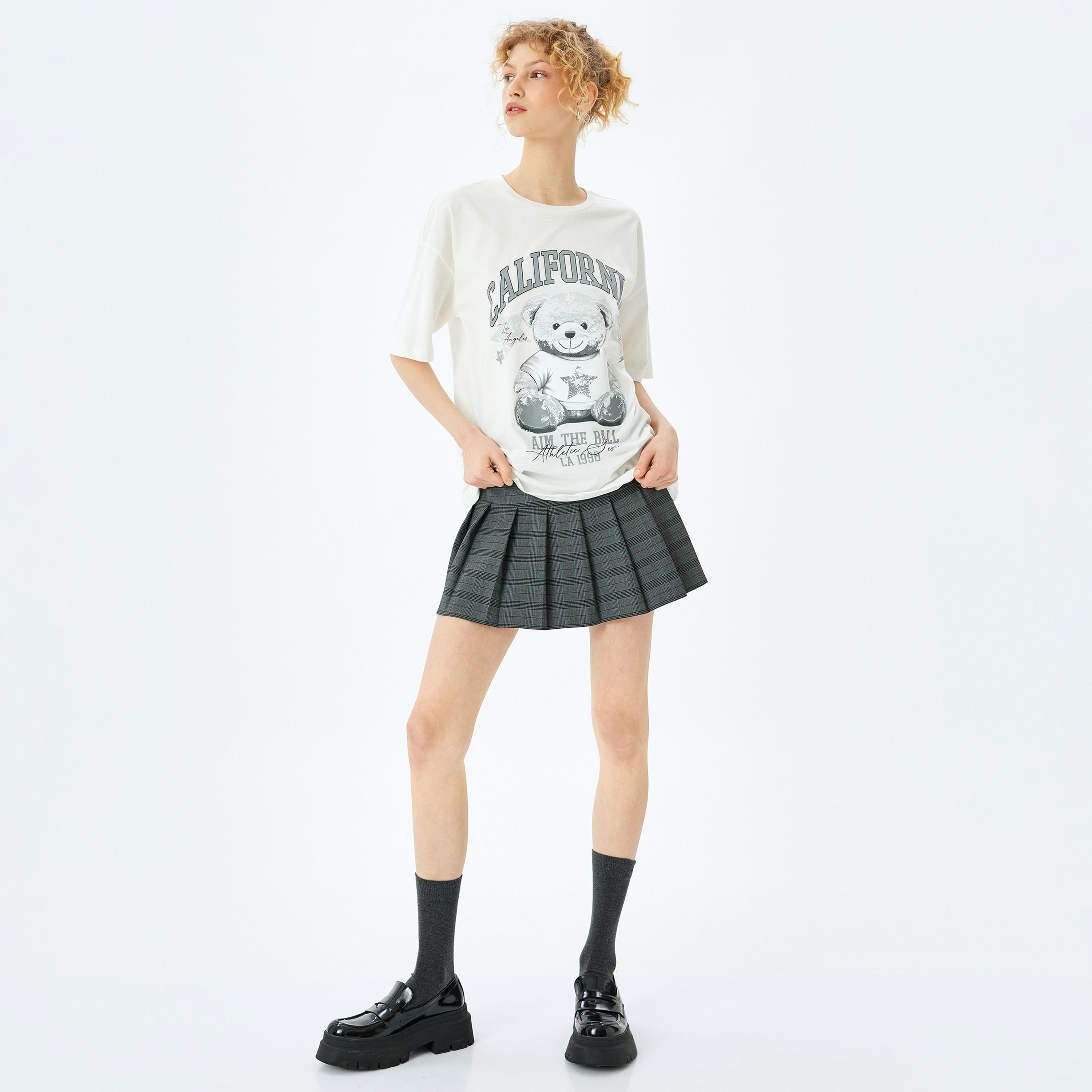 Koton White Graphic Print Crew Neck Dropped Sleeves Women's T-Shirt-women-clothing-tshirts-image-2