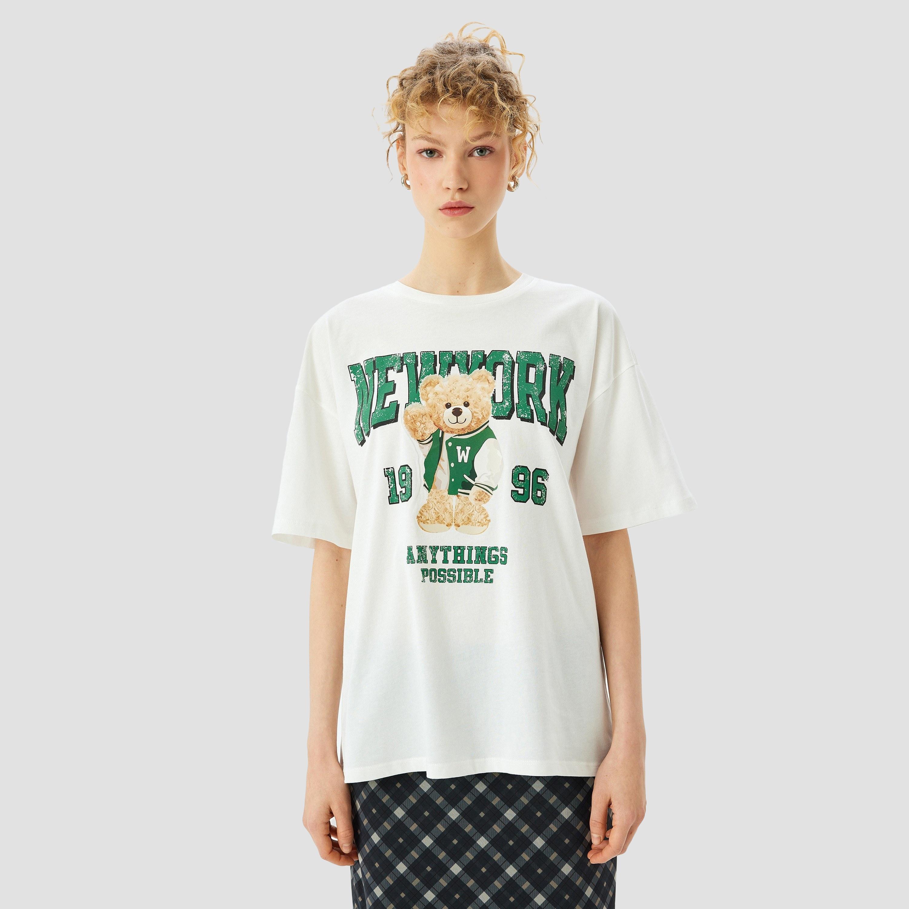 كوتون الأبيض بطبعة جرافيكس بأكمام دائرية بأكمام نسائية-women-clothing-tshirts-image-1