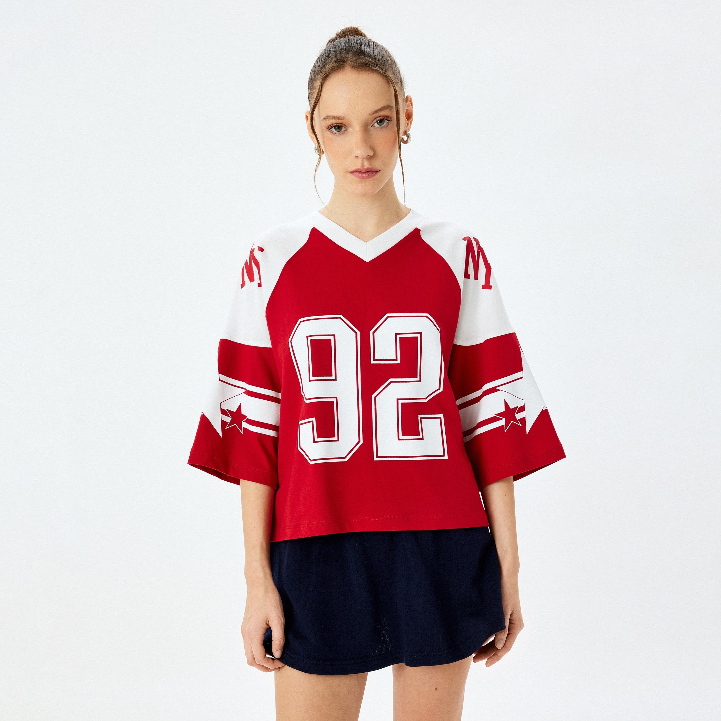 Koton Red Graphic Print V-Neck Dropped Raglan Sleeves Women's Varsity T-Shirt-women-clothing-tshirts-image-1
