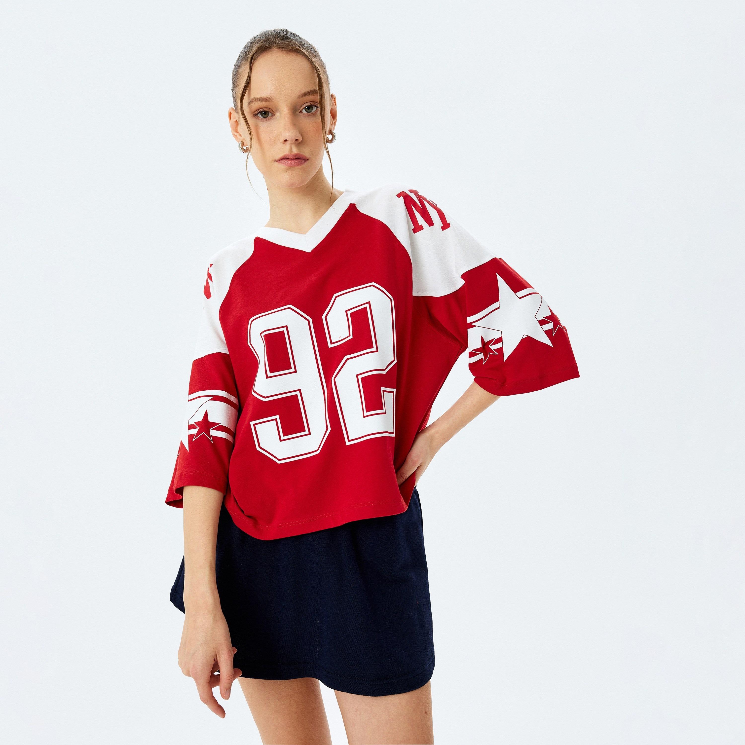 Koton Red Graphic Print V-Neck Dropped Raglan Sleeves Women's Varsity T-Shirt-women-clothing-tshirts-image-2