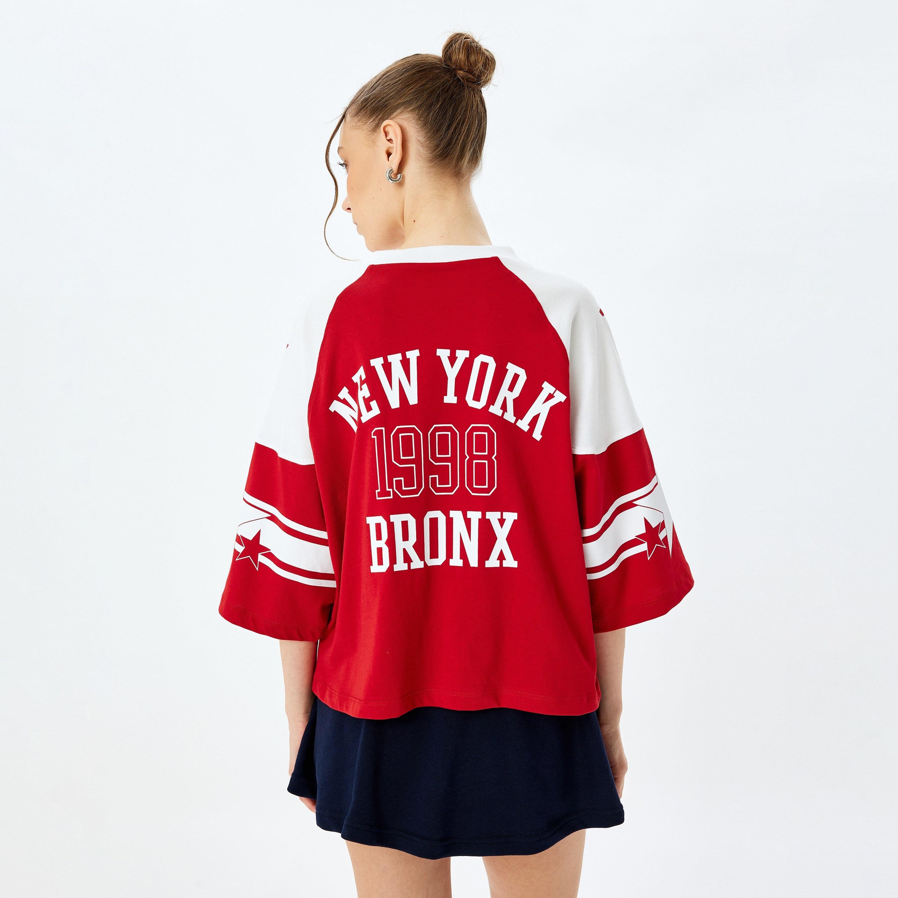 Koton Red Graphic Print V-Neck Dropped Raglan Sleeves Women's Varsity T-Shirt-women-clothing-tshirts-image-3